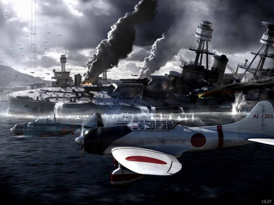 珍珠港戰爭動畫影像 壁紙 — 戰機飛越風暴海洋上燃燒的軍艦，天空烏雲密布。