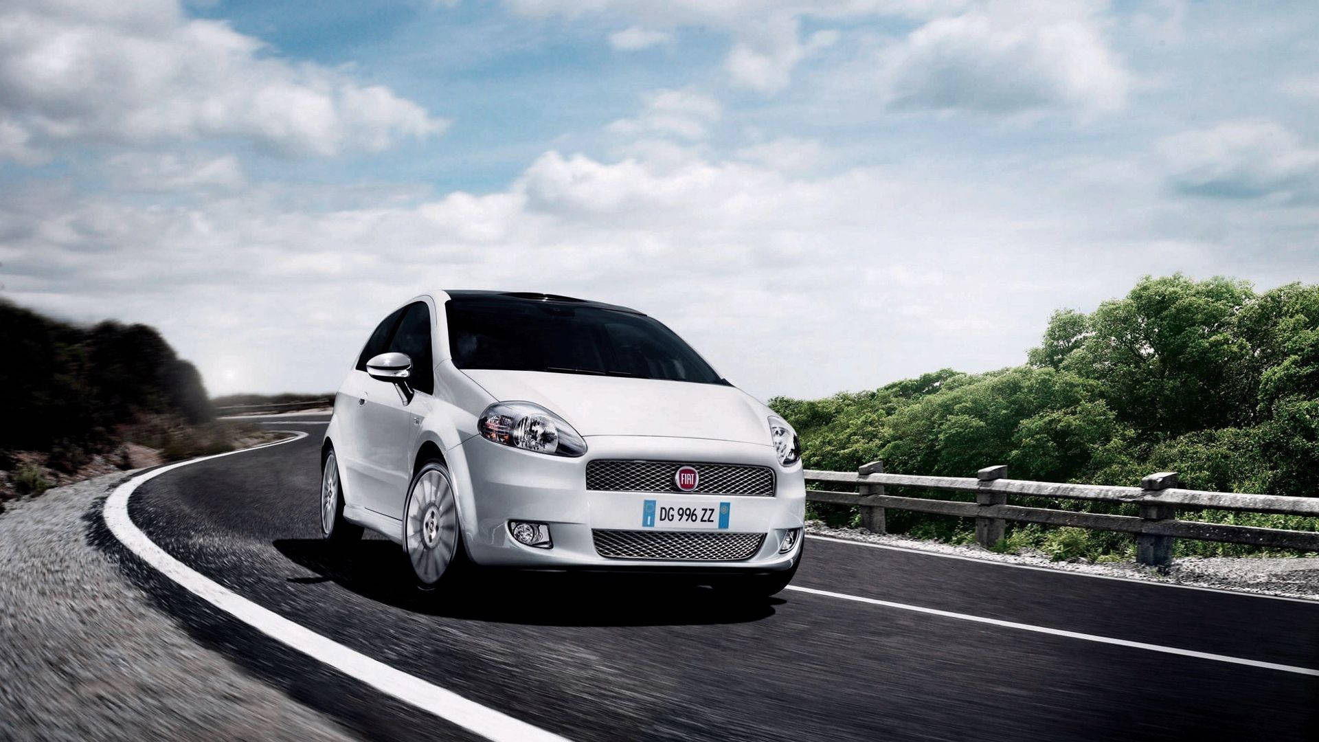 白色Fiat Punto在晴朗的天空下在彎曲的道路上穿過綠蔭加速行駛。
