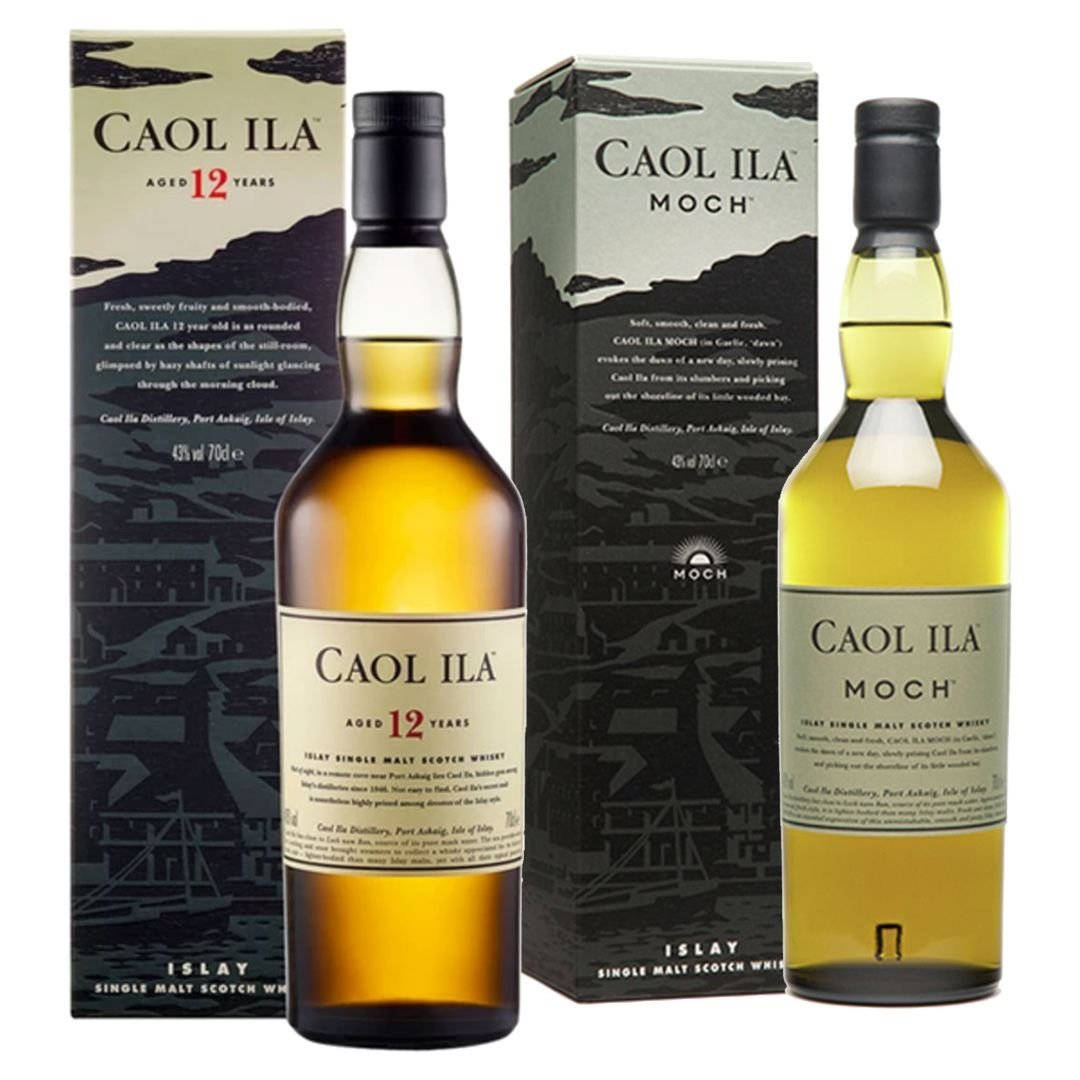 兩瓶Caol Ila威士忌及其包裝盒，帶有海岸設計和品酒筆記。