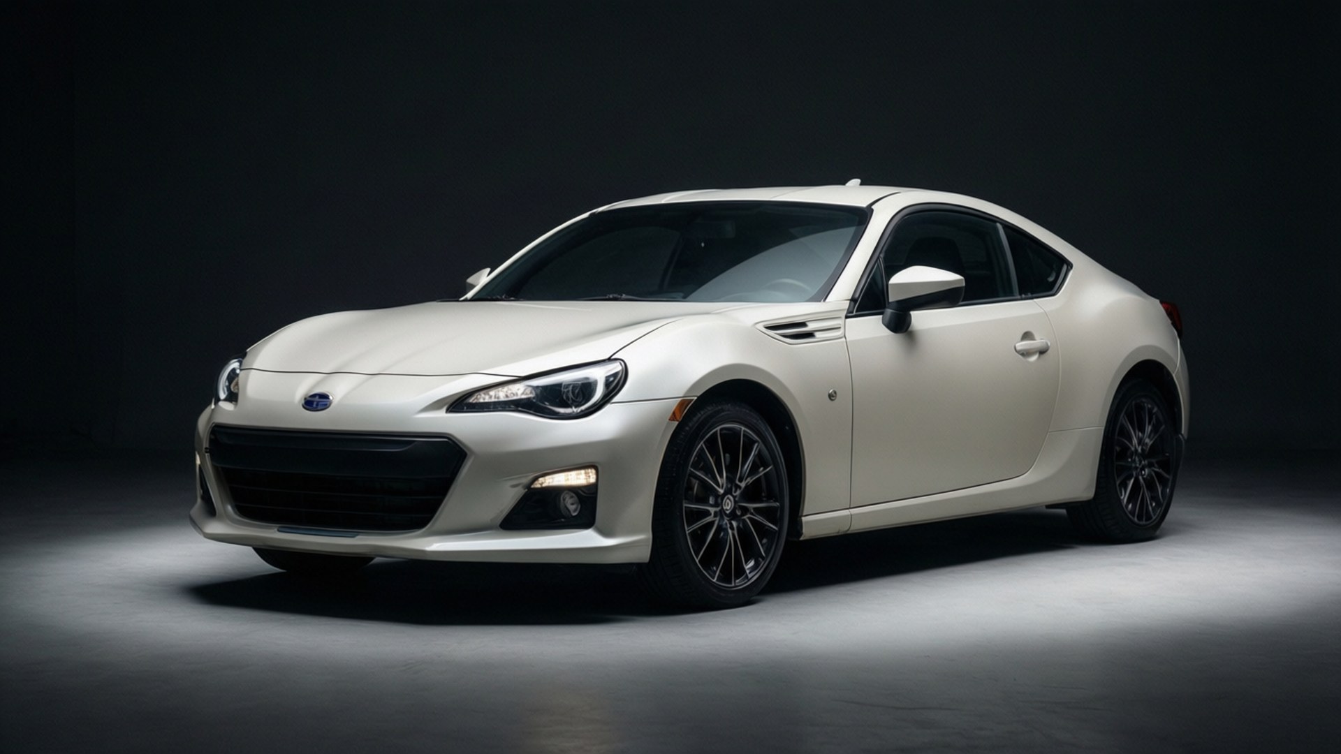 白色Subaru BRZ跑車配黑色輪圈在攝影棚燈光下