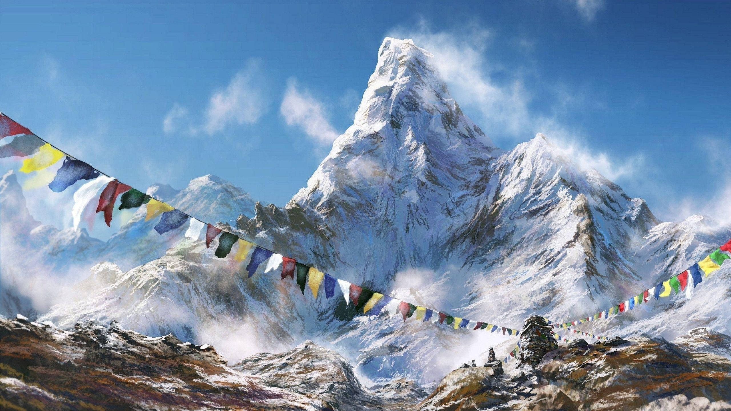 珠峰日落時分的壯麗風景 壁紙 — 色彩繽紛的經幡在風中飄揚，映襯著晴朗藍天下雄偉的雪山頂峰。