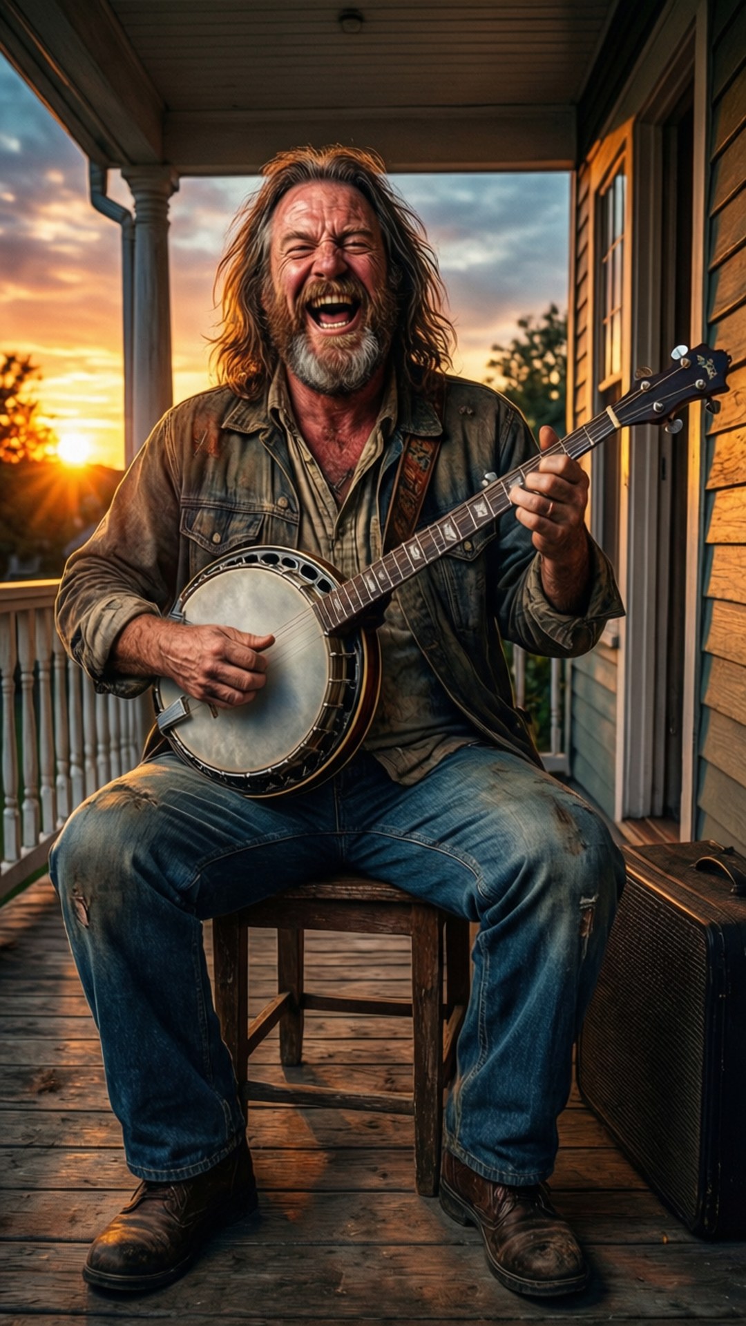 班卓琴笑聲 壁紙 — 一個留鬍鬚的男人在日落時分於木門廊上愉快地彈奏班卓琴並大笑。