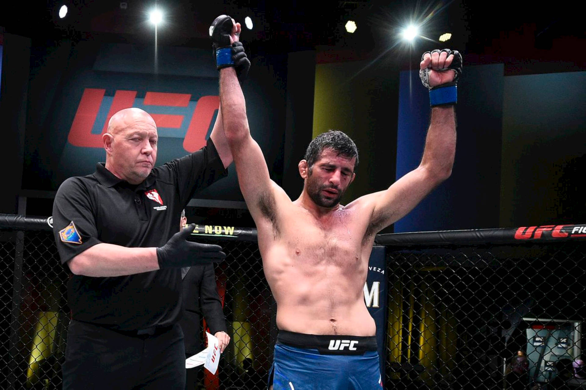UFC拳手在八角籠中高舉雙臂慶祝勝利。