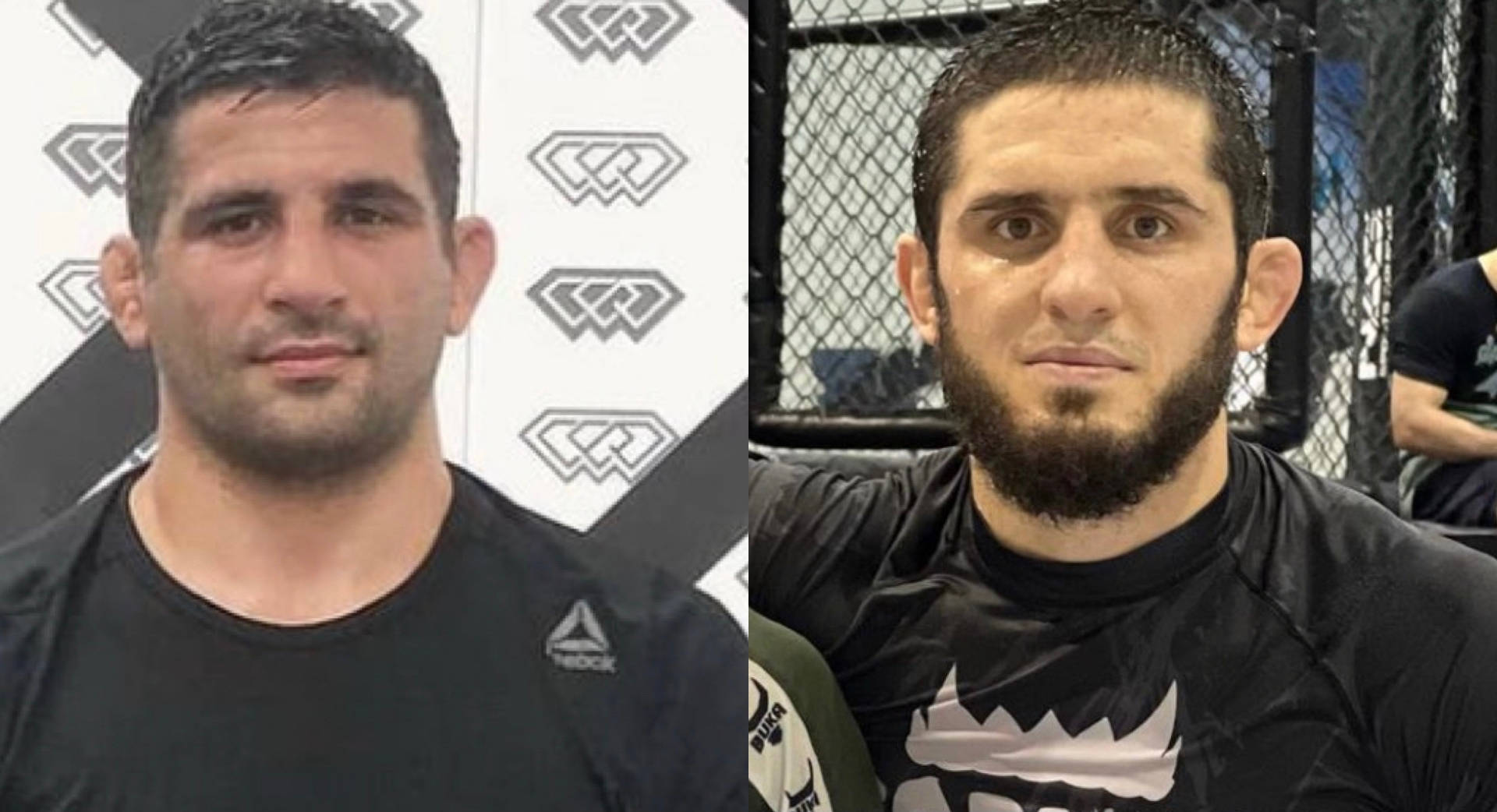 兩名身穿黑色裝備的男性MMA拳手在健身室內擺姿勢，背景有鐵絲網圍欄。