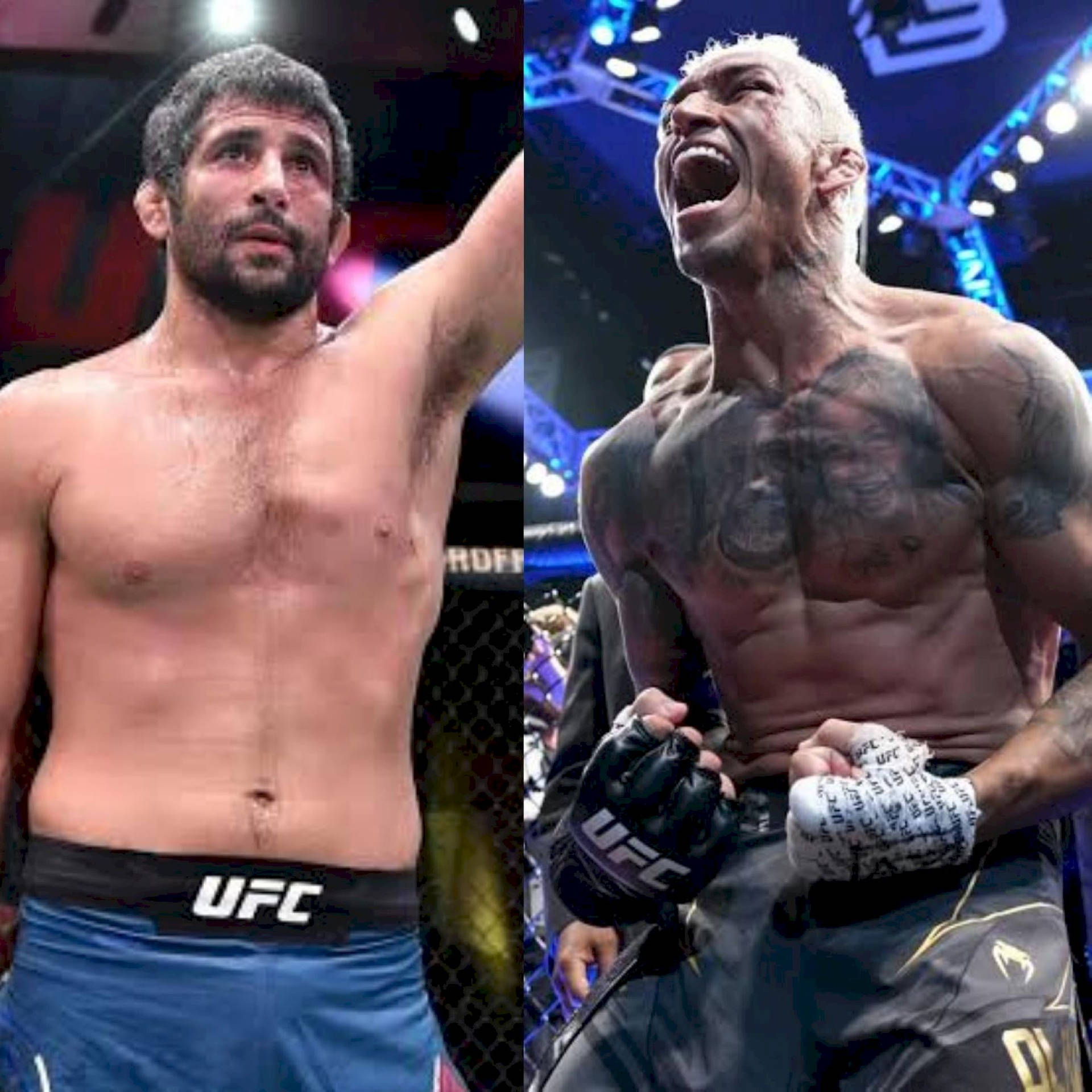 兩位UFC拳手在明亮的燈光下於八角籠中慶祝勝利。
