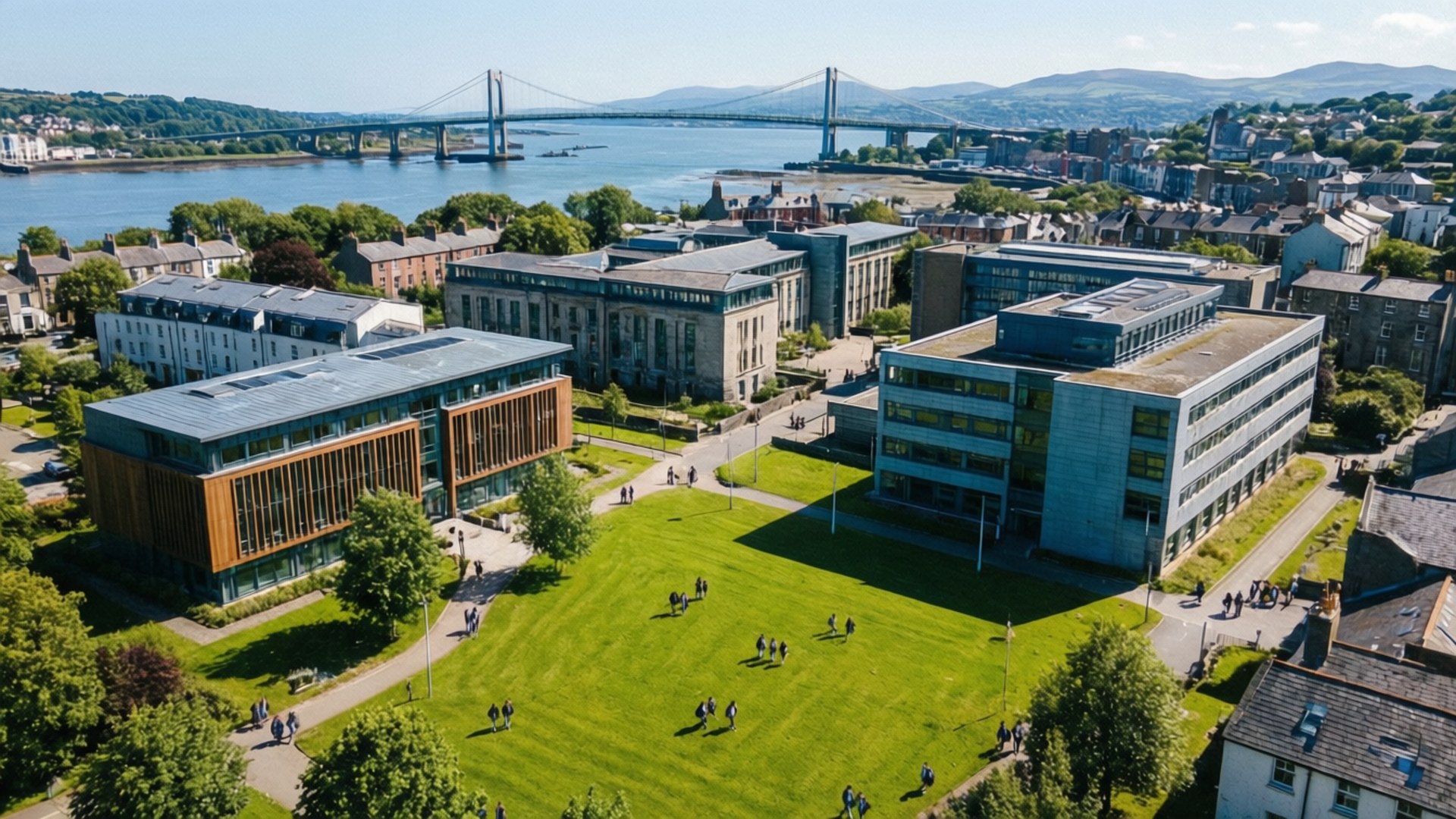 大學校園，有現代建築和學生在河流和橋附近的綠色草坪上。