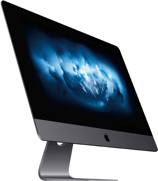 現代一體式桌面電腦 壁紙 — 一部時尚的銀色 iMac，屏幕上顯示戲劇性的藍色多雲壁紙，背景為黑色。
