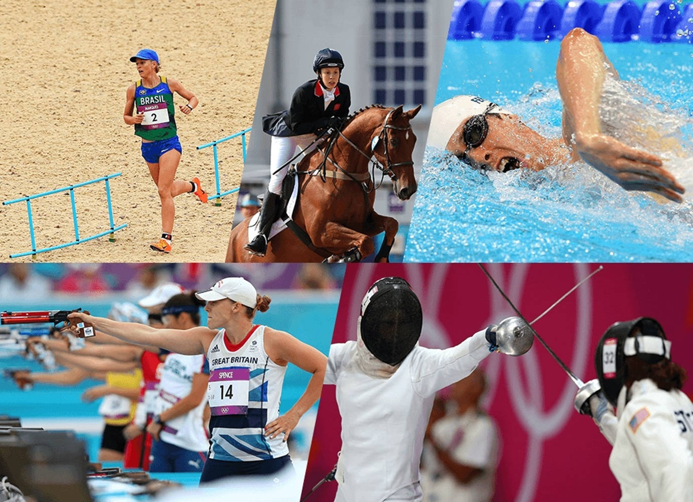 奧運運動員在沙灘短跑、馬術表演、障礙賽、游泳、射擊和劍擊中。