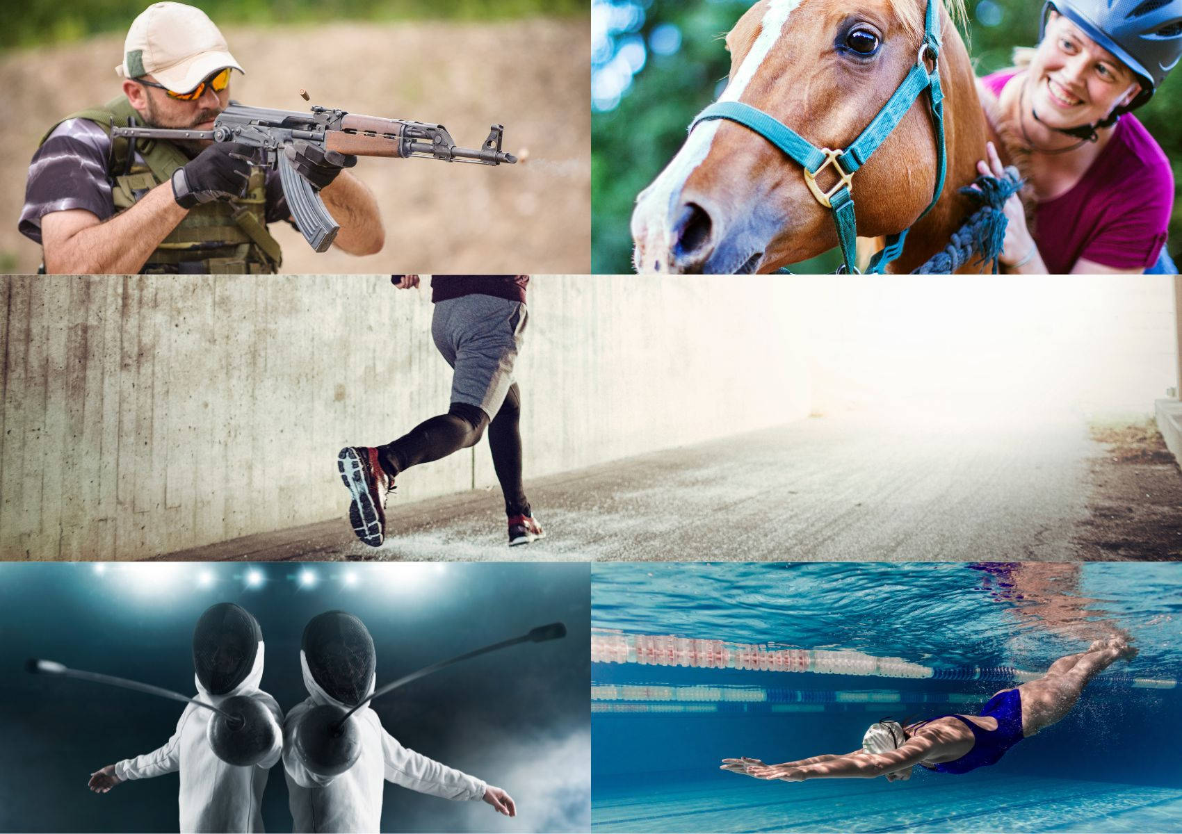 六個動作鏡頭：步槍射手、騎馬者、跑步者、劍擊手和泳手。