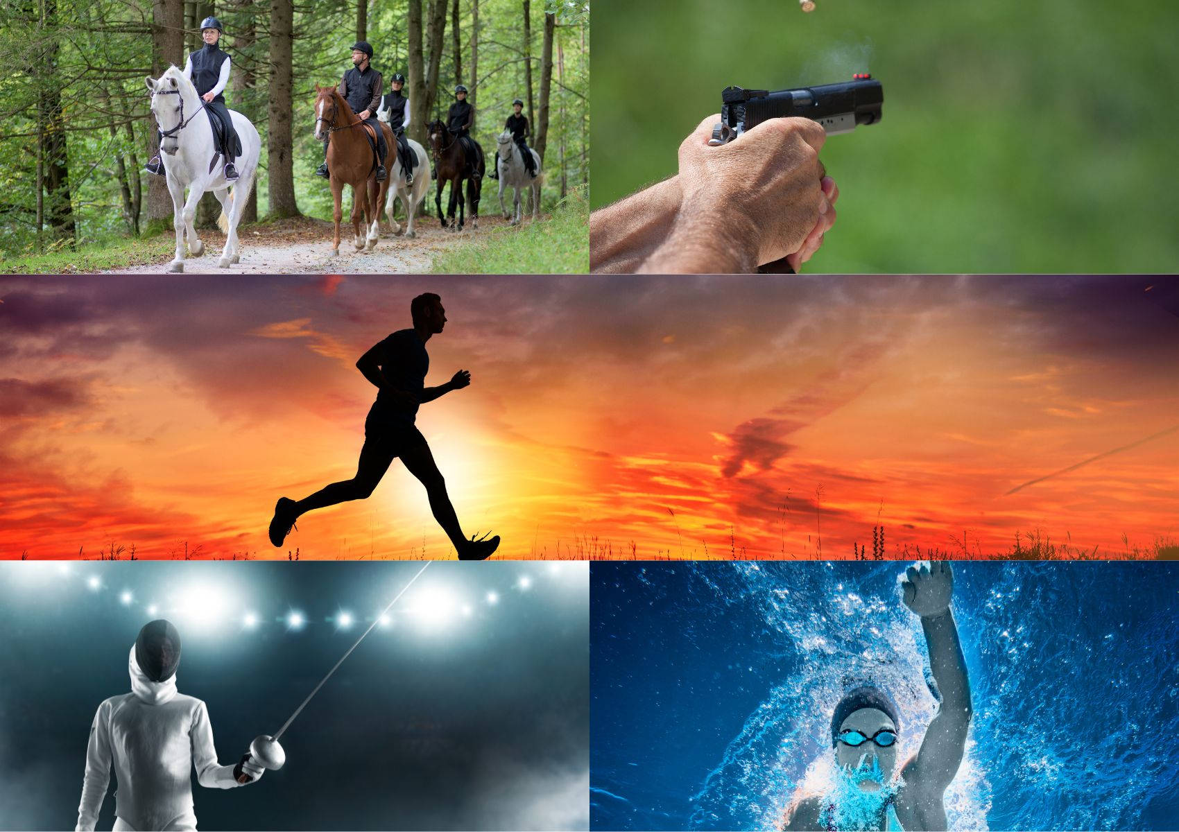 各種運動的運動員，包括馬術、射擊、跑步、劍擊和游泳。