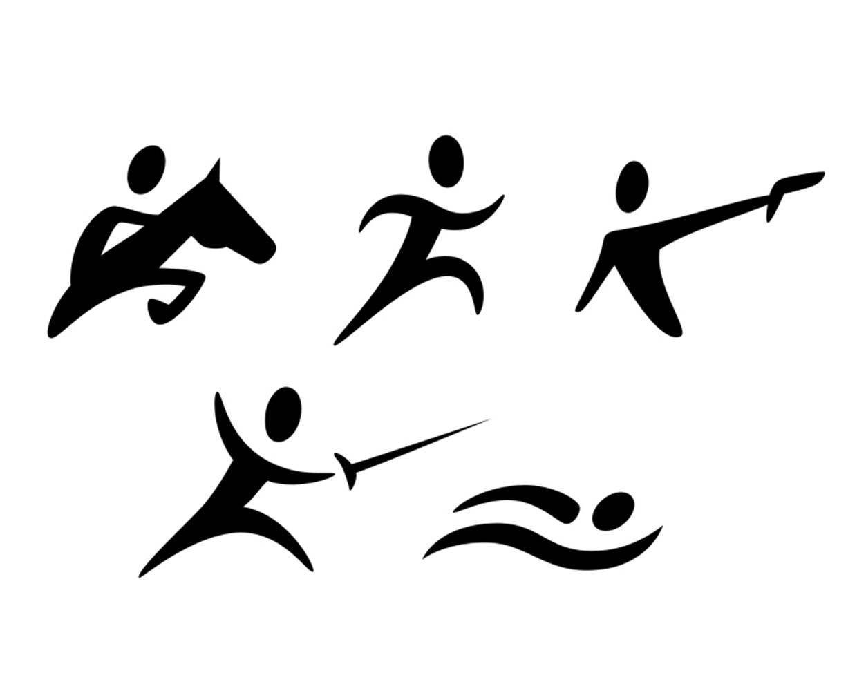 現代五項運動員剪影 壁紙 — 五個黑色剪影圖標在純白背景上描繪了馬術、跑步、劍擊、游泳和潛水。