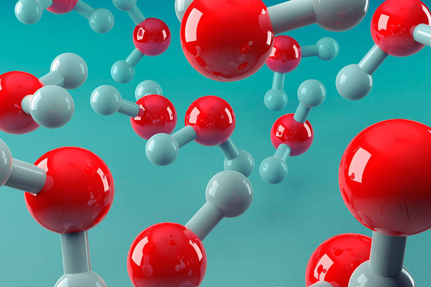 現代化學水分子 壁紙 — 光澤的紅色和灰色分子球體在青色背景上動態漂浮，呈現3D渲染的科學可視化效果。
