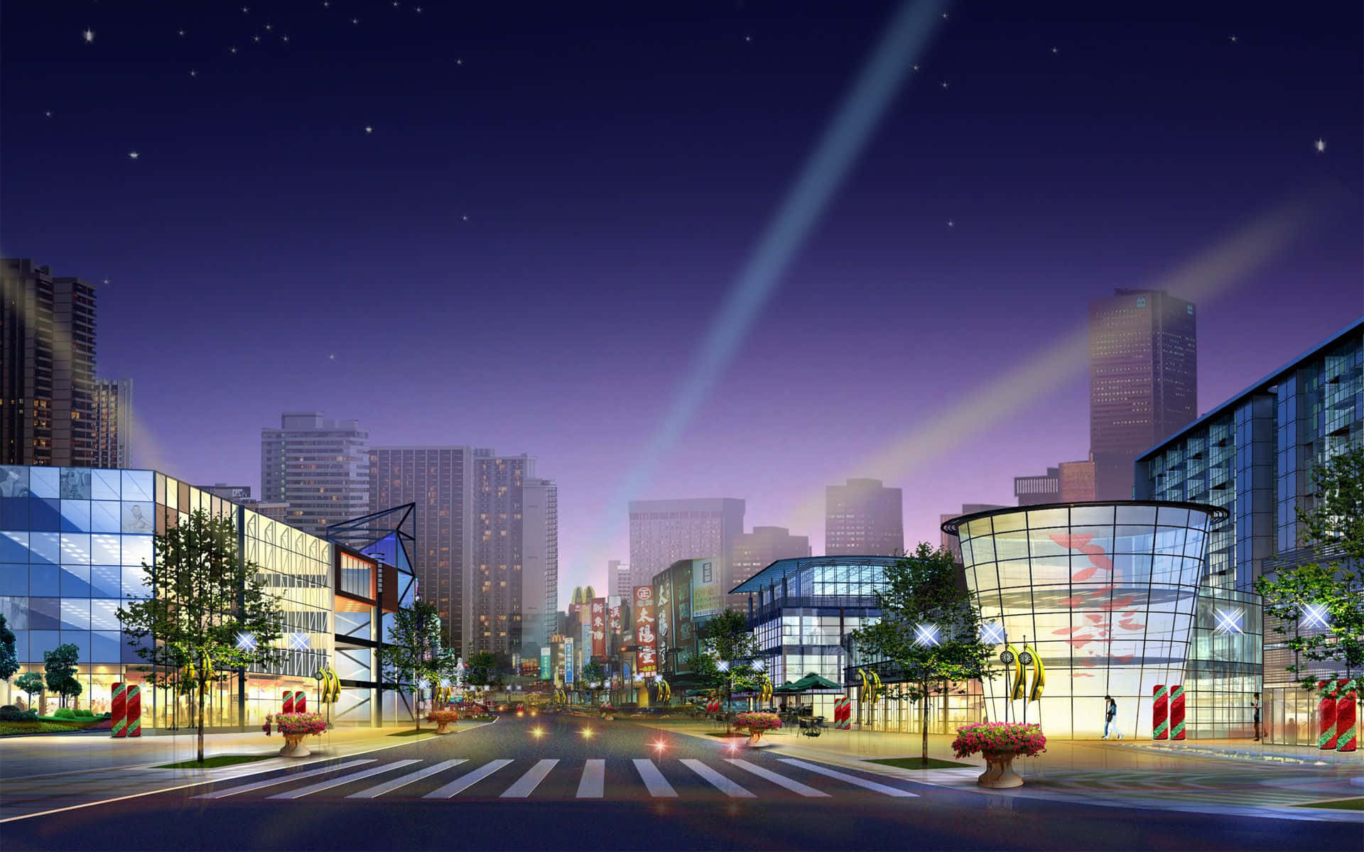 未來主義的夜晚城市，在星空下閃爍的建築物和探照燈。