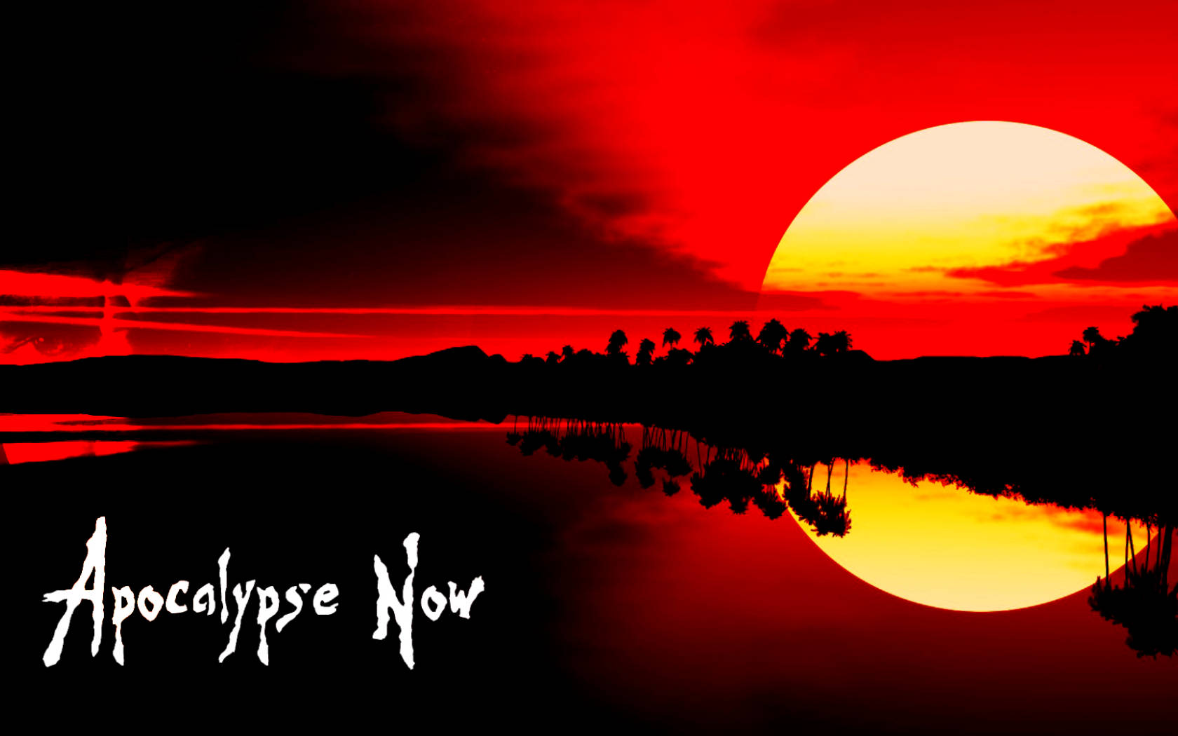 湖上的紅色夕陽，棕櫚樹剪影和文字 Apocalypse Now。 — 戰爭 壁紙