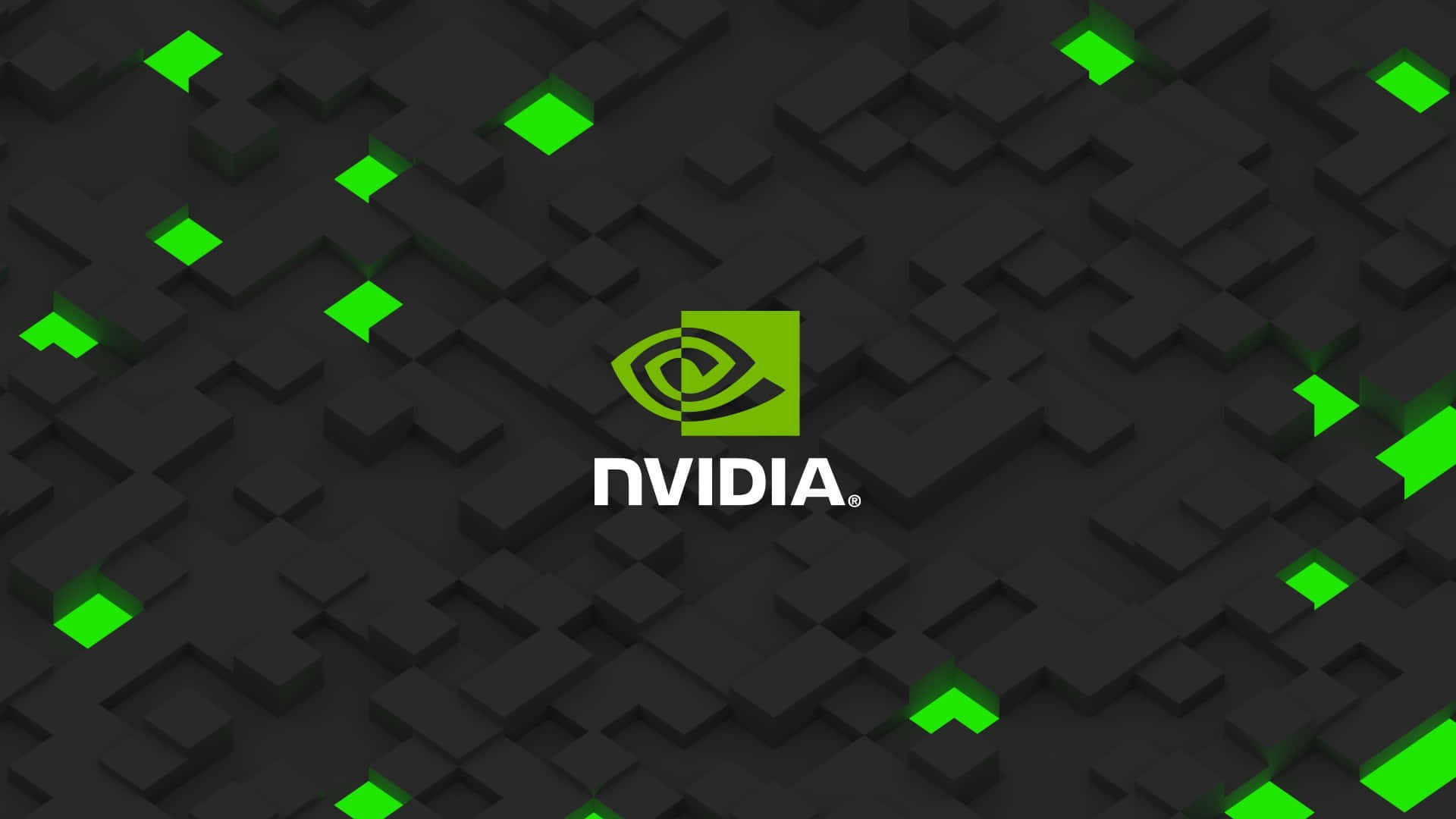 Nvidia 標誌在深色幾何背景上，帶有發光綠色點綴。
