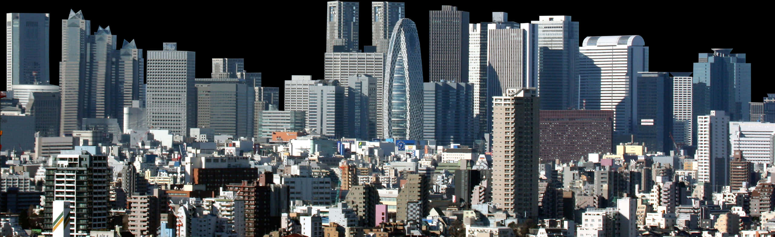 現代天際線全景 壁紙 — 在明亮的日光下，密集的城市天際線全景，高聳的摩天大樓和現代玻璃建築。