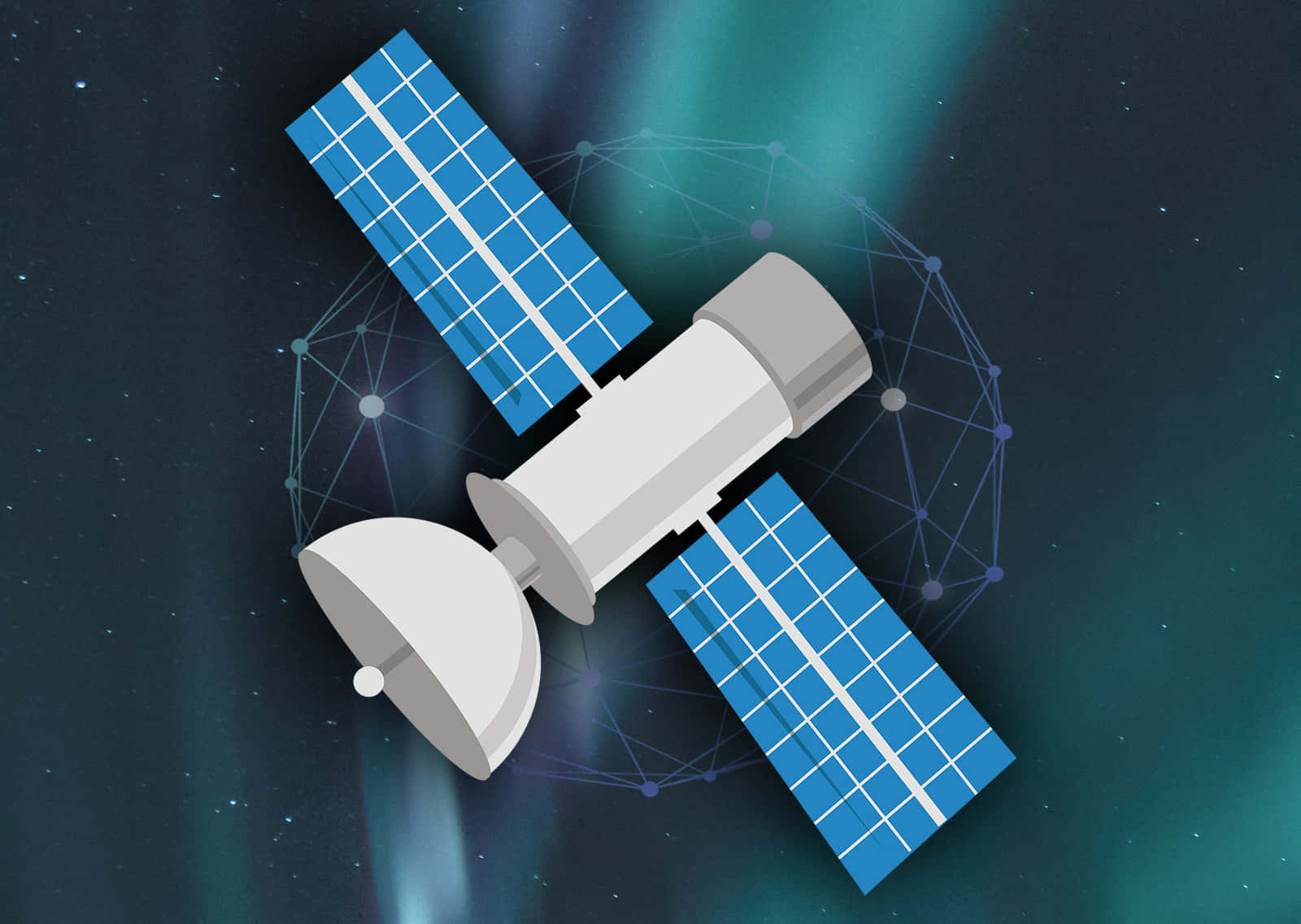 現代太空衛星環繞地球的壯觀景象 壁紙 — 一枚時尚的衛星帶有藍色太陽能板，在繁星點點的天空中繞行，伴隨著發光的綠色極光。