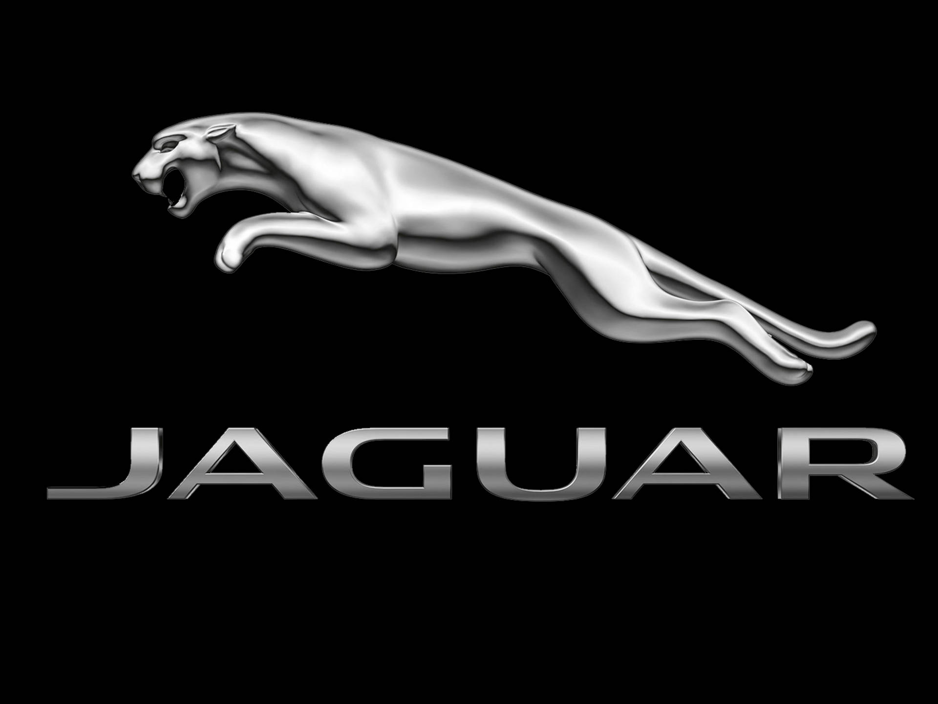 銀色美洲豹跳躍標誌，帶有「JAGUAR」文字，黑色背景。
