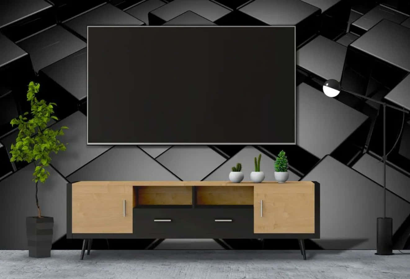 tv 桌布 壁紙 — 現代客廳，設有幾何黑色牆壁、木製電視櫃，以及溫暖燈光下的綠色植物。