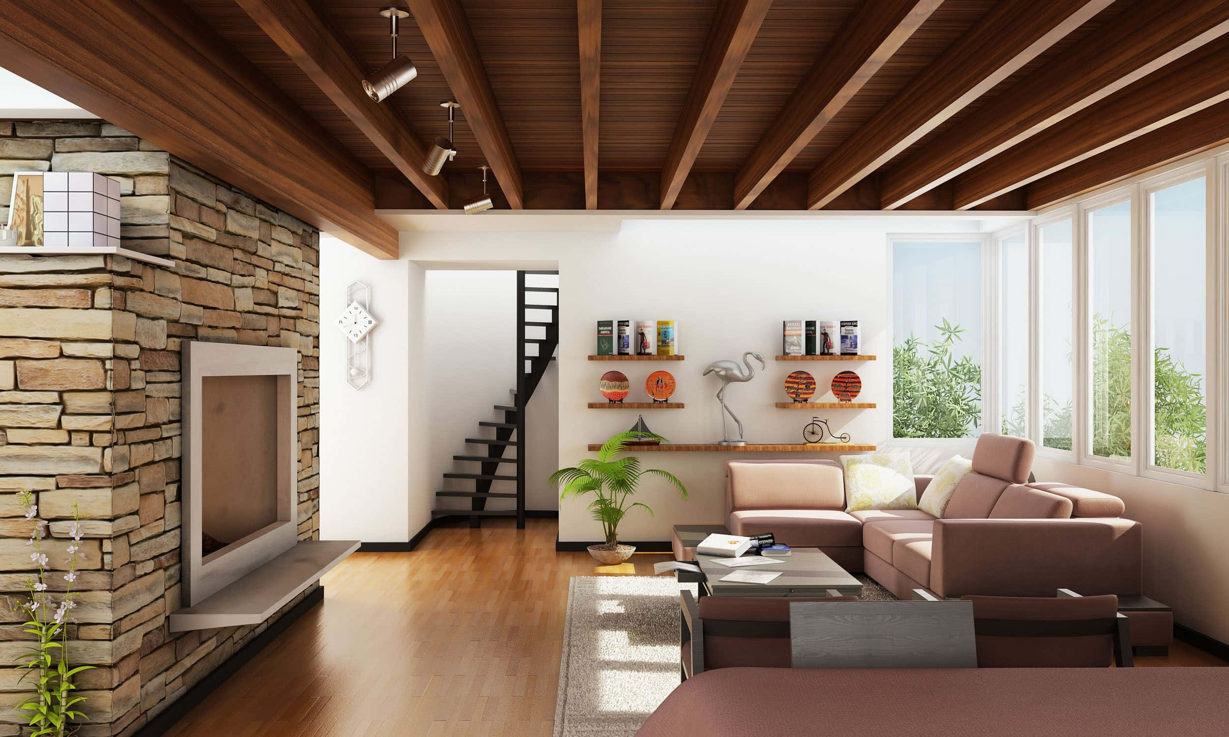 Interior Design 桌布 壁紙 — 現代客廳，設有木樑天花板、石壁爐和讓自然光透入的大窗戶。