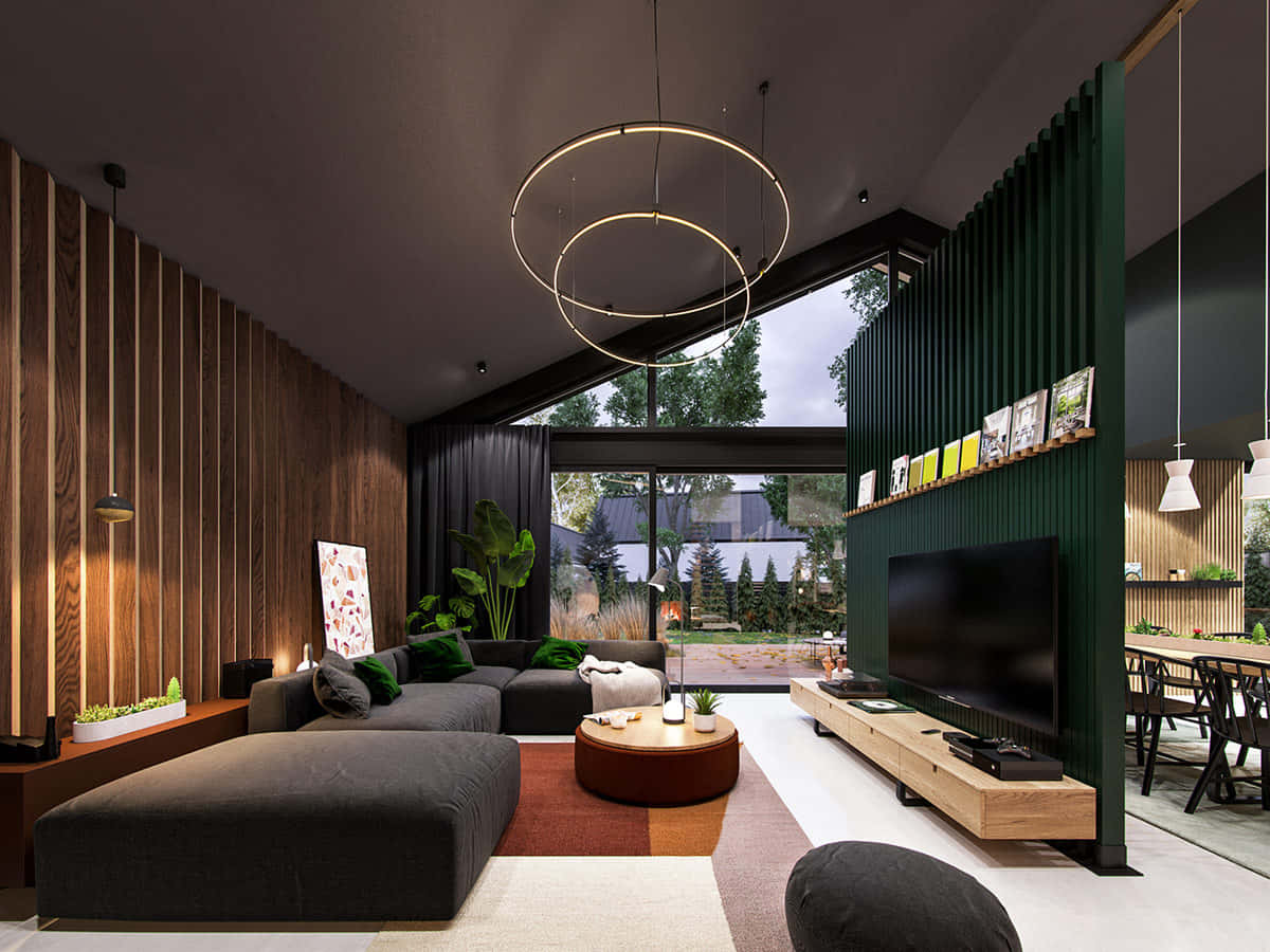 Interior Design 桌布 壁紙 — 現代客廳，設有深色木牆、圓形吊燈和可俯瞰花園的大型玻璃窗。