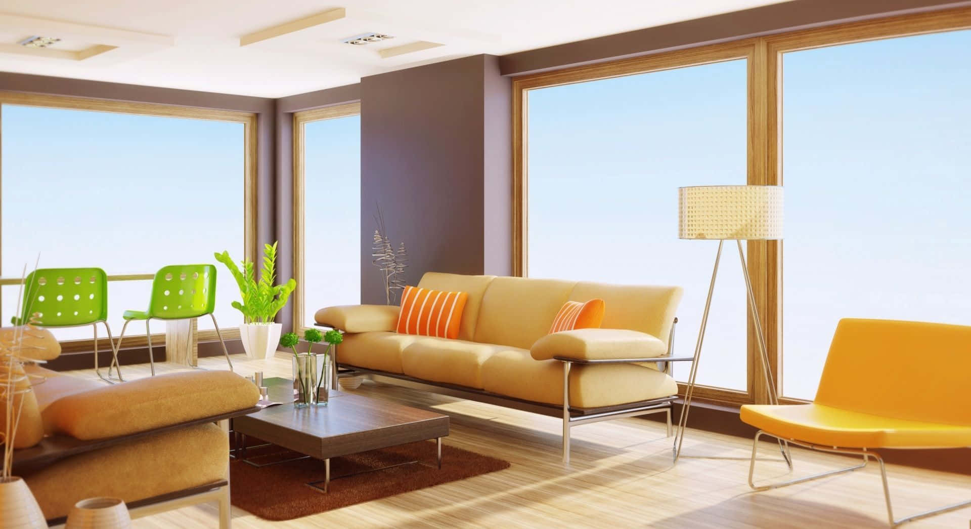 Interior Design 桌布 壁紙 — 現代客廳，配有黃色梳化、橙色枕頭、綠色椅子，以及可看到清澈藍天的大窗戶。
