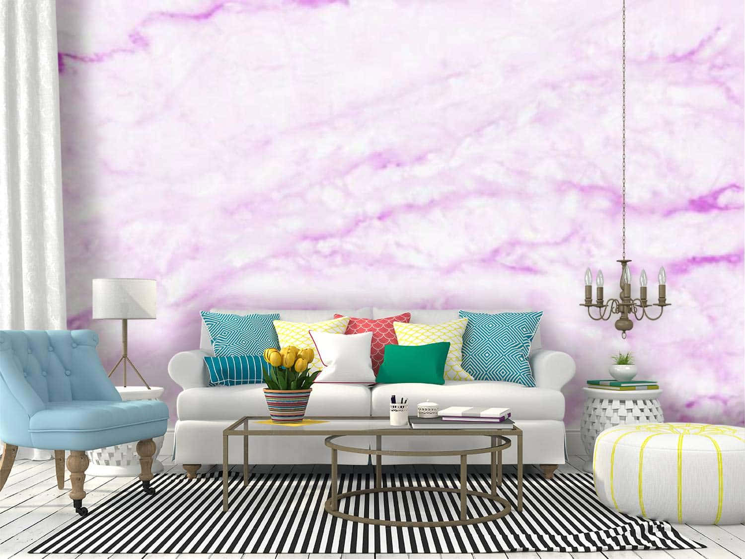 Purple Marble 桌布 壁紙 — 現代客廳以白色梳化配彩色咕𠱸，襯托充滿活力的紫色大理石牆紙。