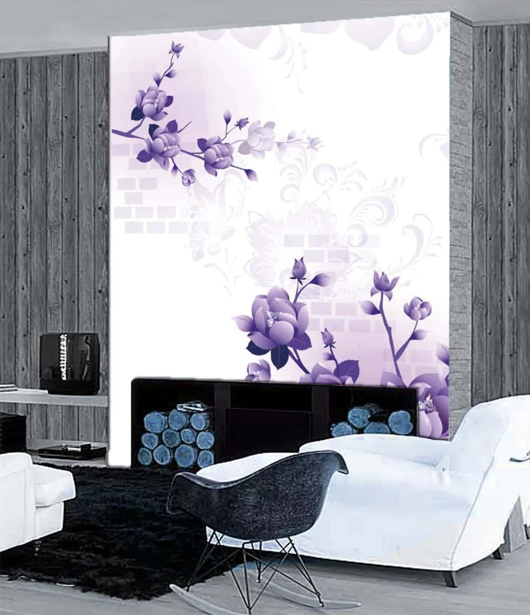 Purple Decor 桌布 壁紙 — 現代客廳採用大型紫色花卉壁紙，帶有白色背景上的漩渦圖案。