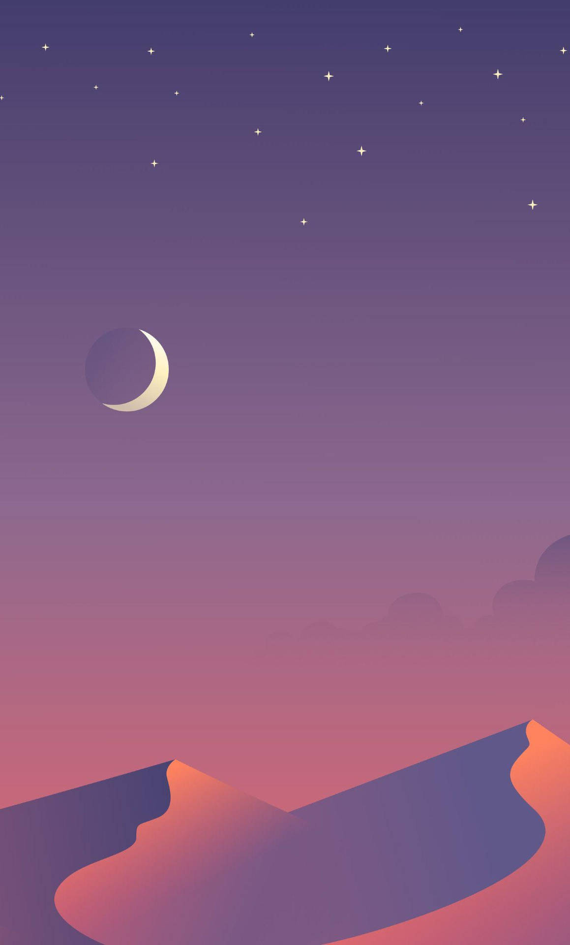 夜晚紫色粉紅沙丘上方的新月和星星。