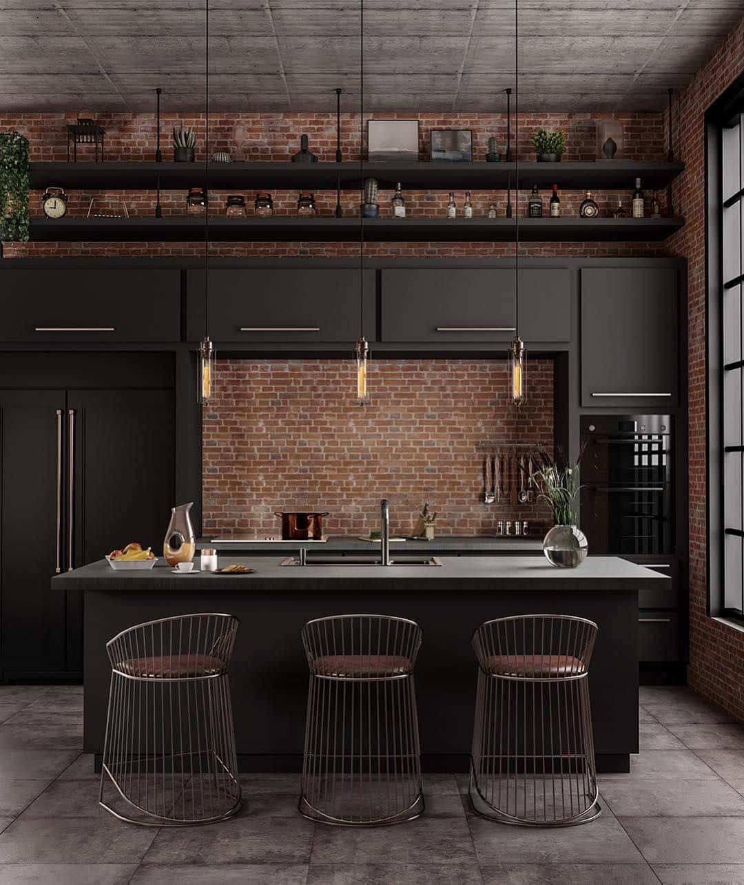 Kitchen Design 桌布 壁紙 — 現代工業風廚房，配有黑色櫥櫃、磚牆和金屬框架吧檯凳，上方懸掛吊燈。