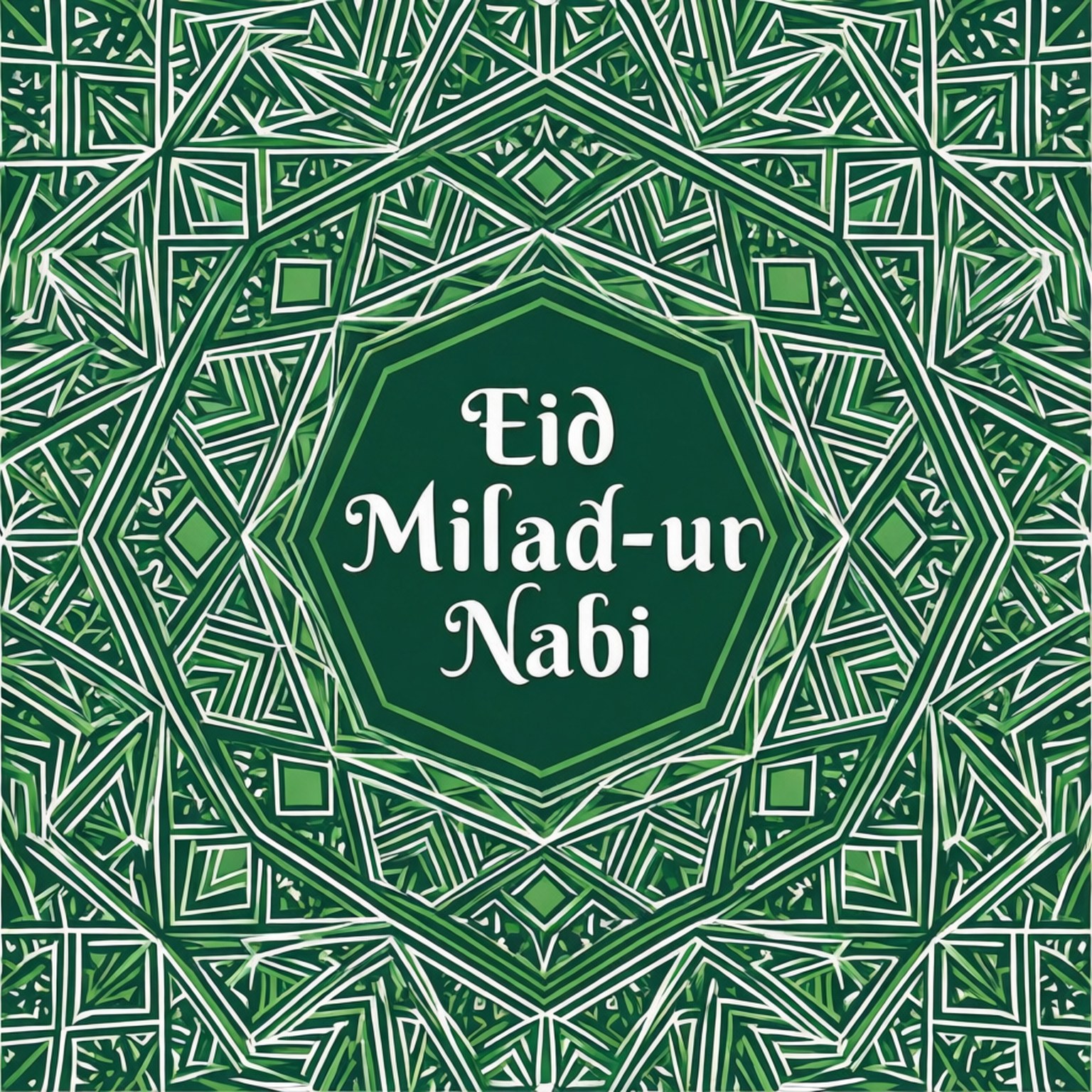 綠色和白色幾何圖案，帶有Eid Milad-ur Nabi文字，用於伊斯蘭慶祝活動。