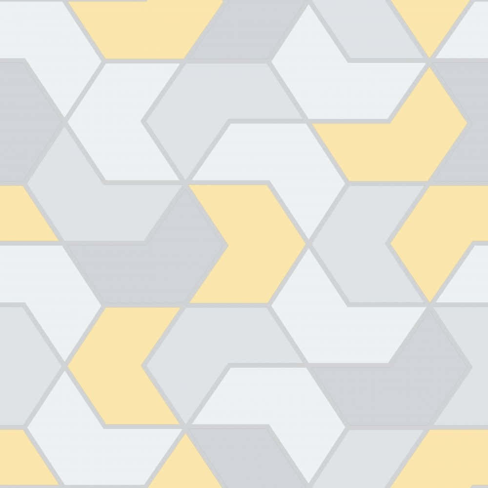 Yellow Geometric 桌布 壁紙 — 現代幾何圖案牆紙，以柔和黃色和灰色色調的互鎖六邊形設計。