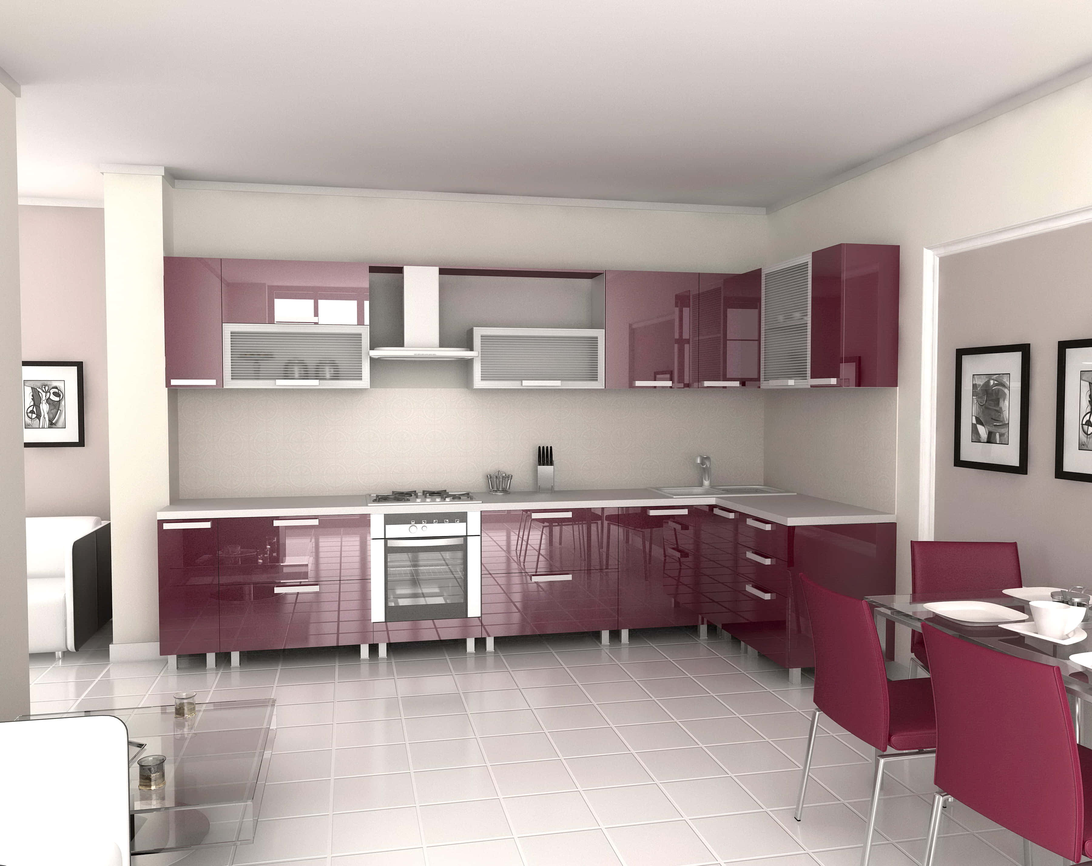 Interior Design 桌布 壁紙 — 現代廚房，配有光面洋紅色櫥櫃、白色枱面和配套椅子，在明亮的日光下。