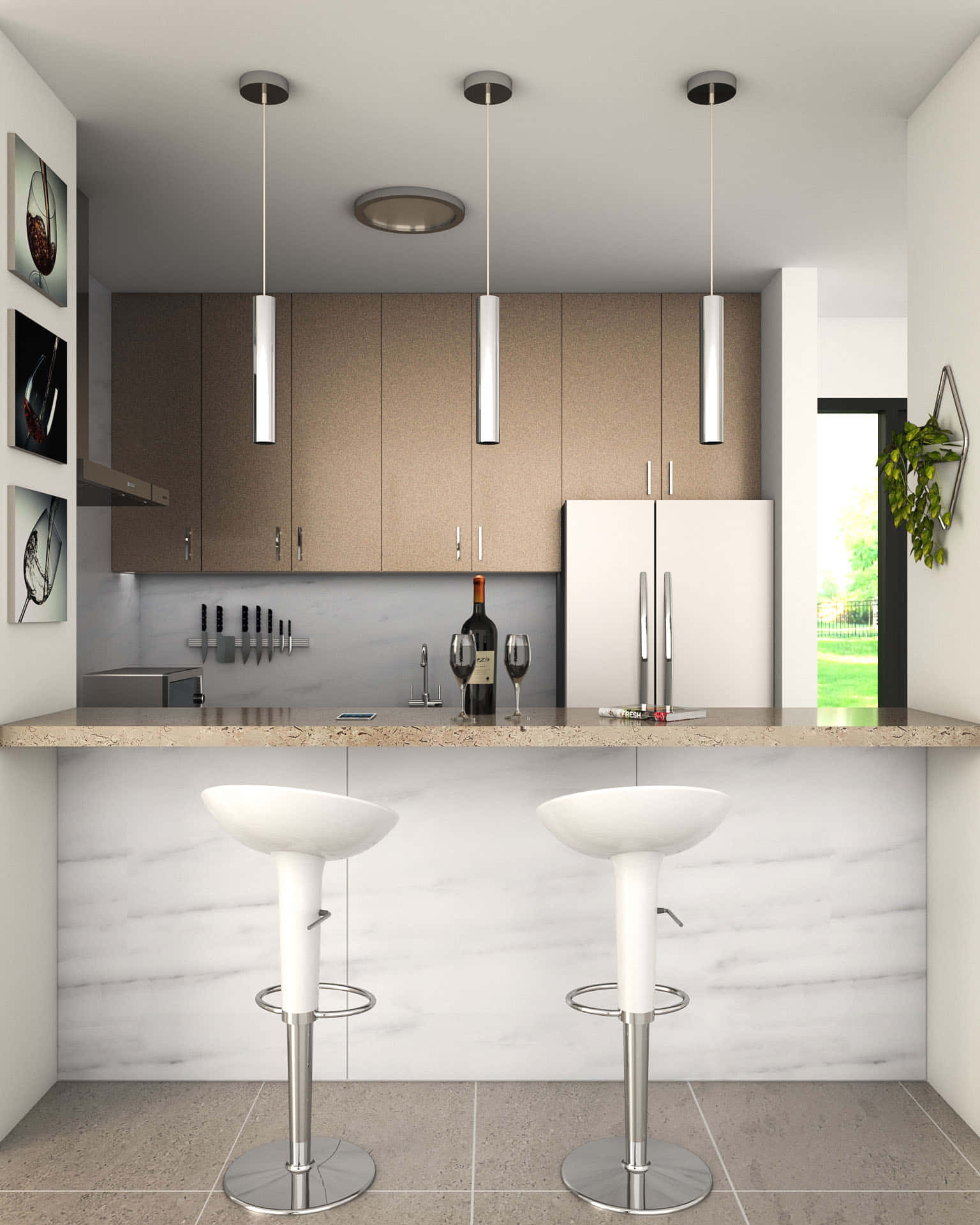 Kitchen Design 桌布 壁紙 — 現代廚房吧檯，配有白色吧檯凳、大理石防濺板及吊燈，俯瞰綠色庭院。