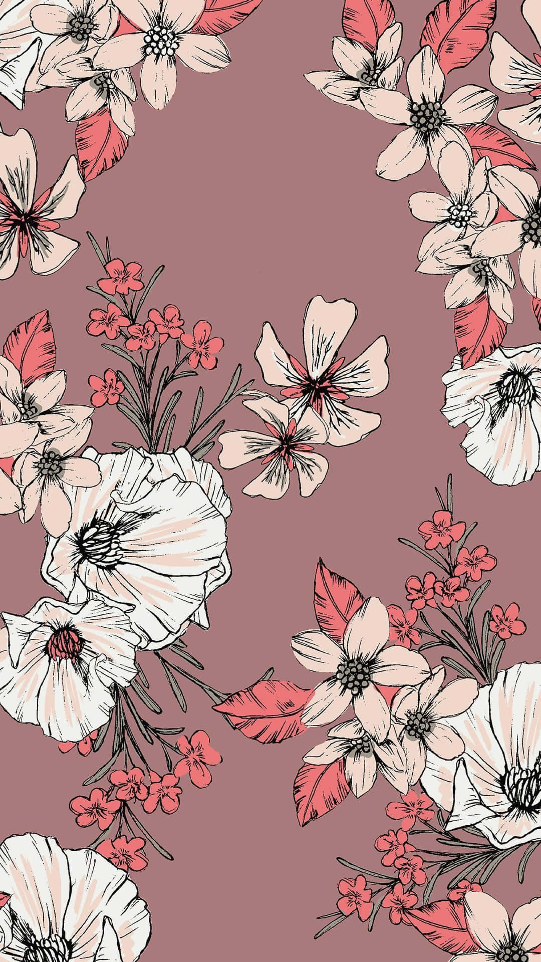 淡紫色背景上帶有白色和粉紅色花朵的花卉壁紙。