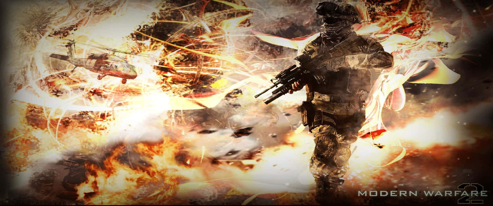 身穿戰鬥裝備的士兵站在熾熱爆炸中，附近有直升機飛過。