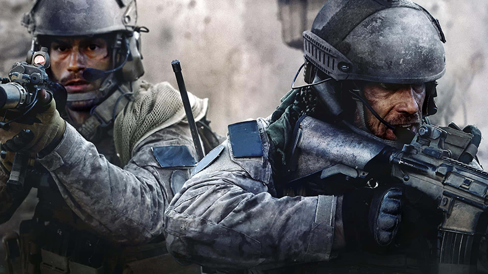 兩名身穿戰鬥裝備的士兵以專注的表情瞄準步槍。