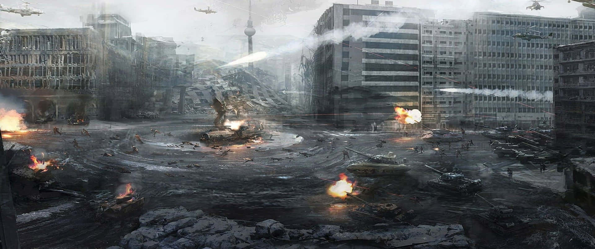 《現代戰爭》柏林戰役3440x1440p背景 壁紙 — 煙霧彌漫的灰色天空下，坦克和爆炸在廢墟建築中展開的戰爭蹂躪城市戰場。