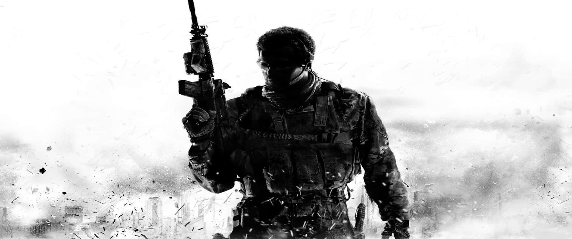 身穿戰鬥裝備的士兵在煙霧和碎片中手持步槍。