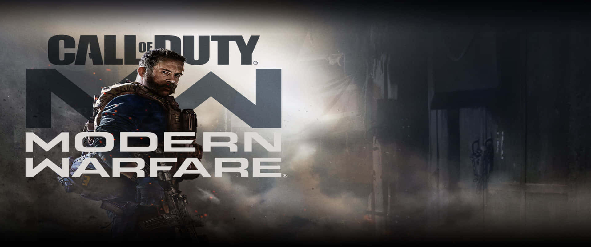 煙霧中的戰鬥裝備士兵與Call of Duty Modern Warfare標誌。