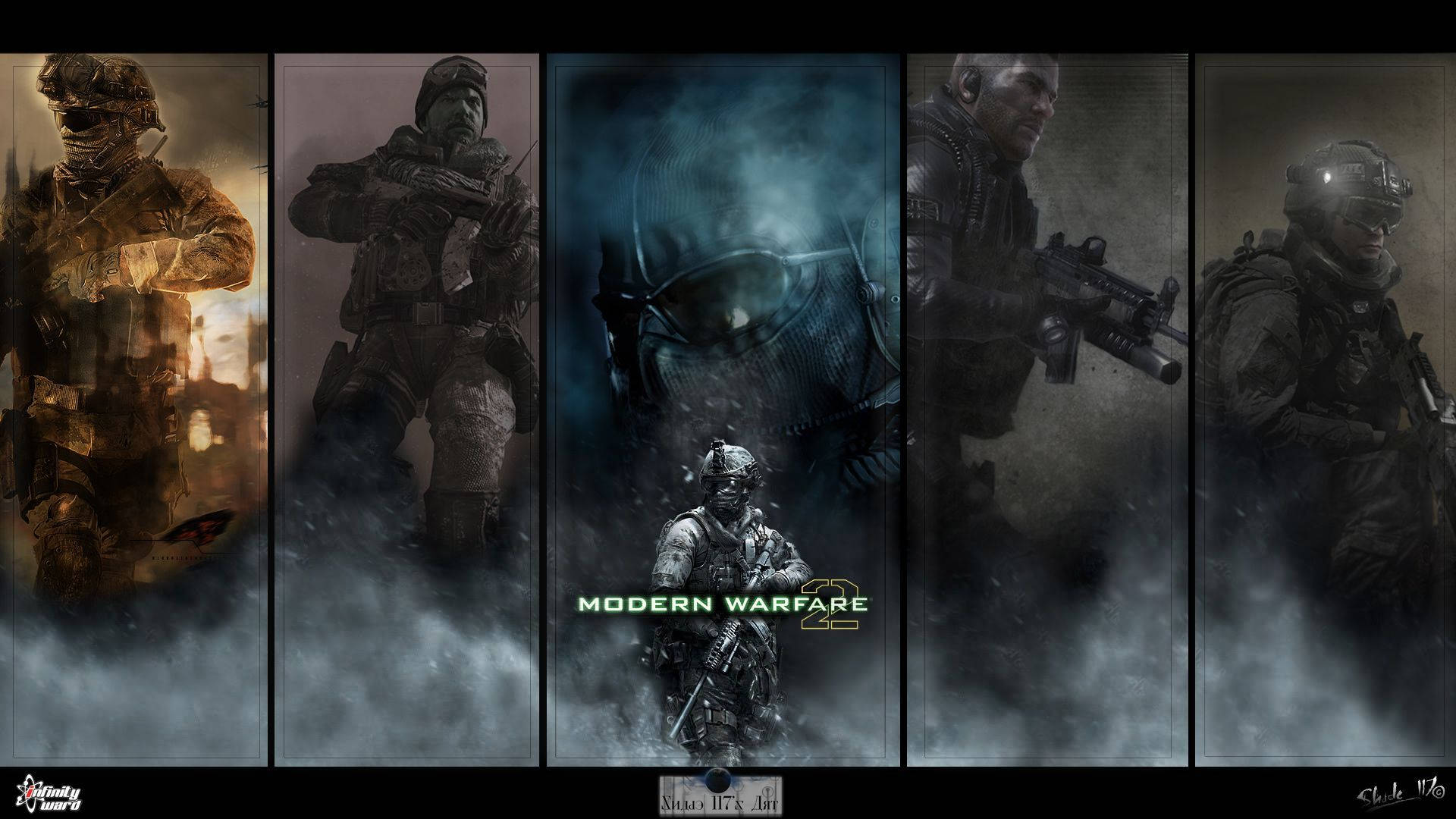 五名身穿戰鬥裝備的士兵在煙霧瀰漫的面板中，帶有「Modern Warfare 2」標題。