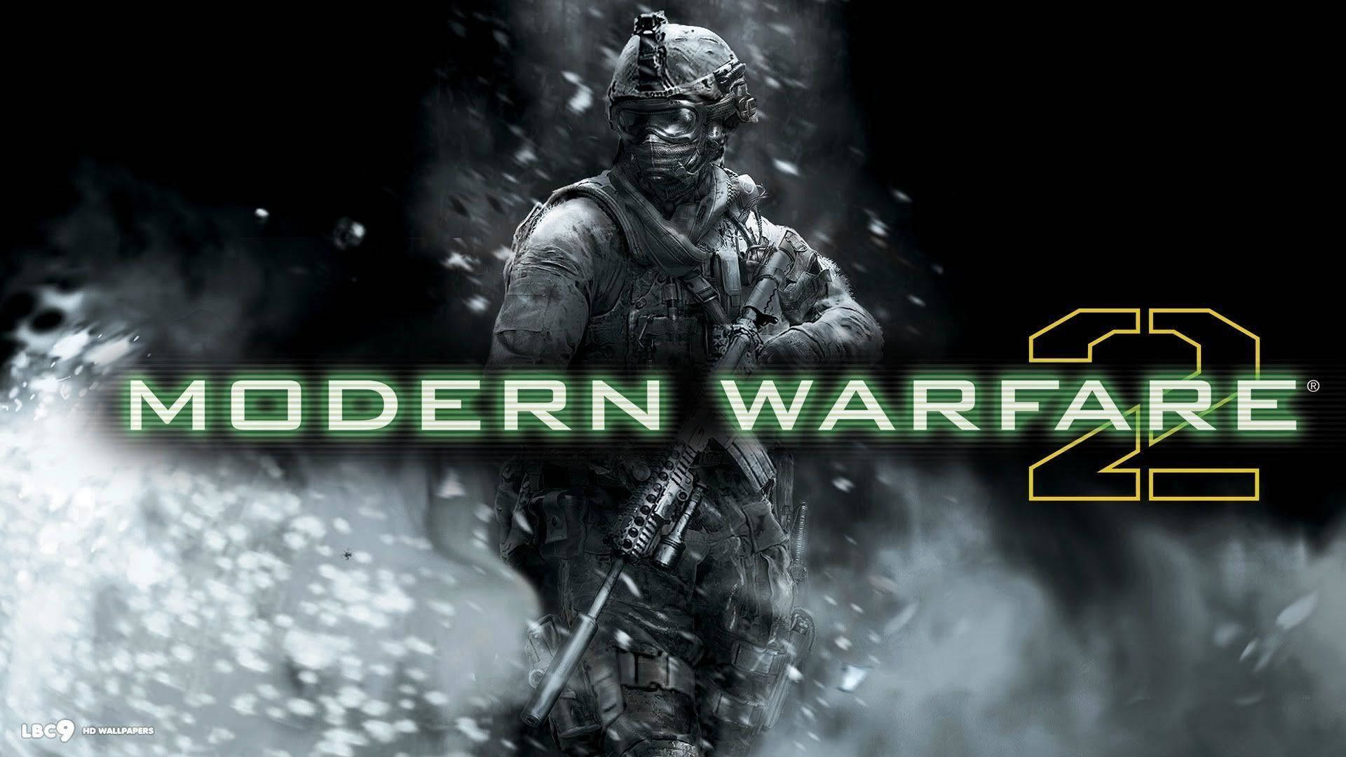 雪和煙霧中的士兵，帶有發光綠色的Modern Warfare 2標誌。