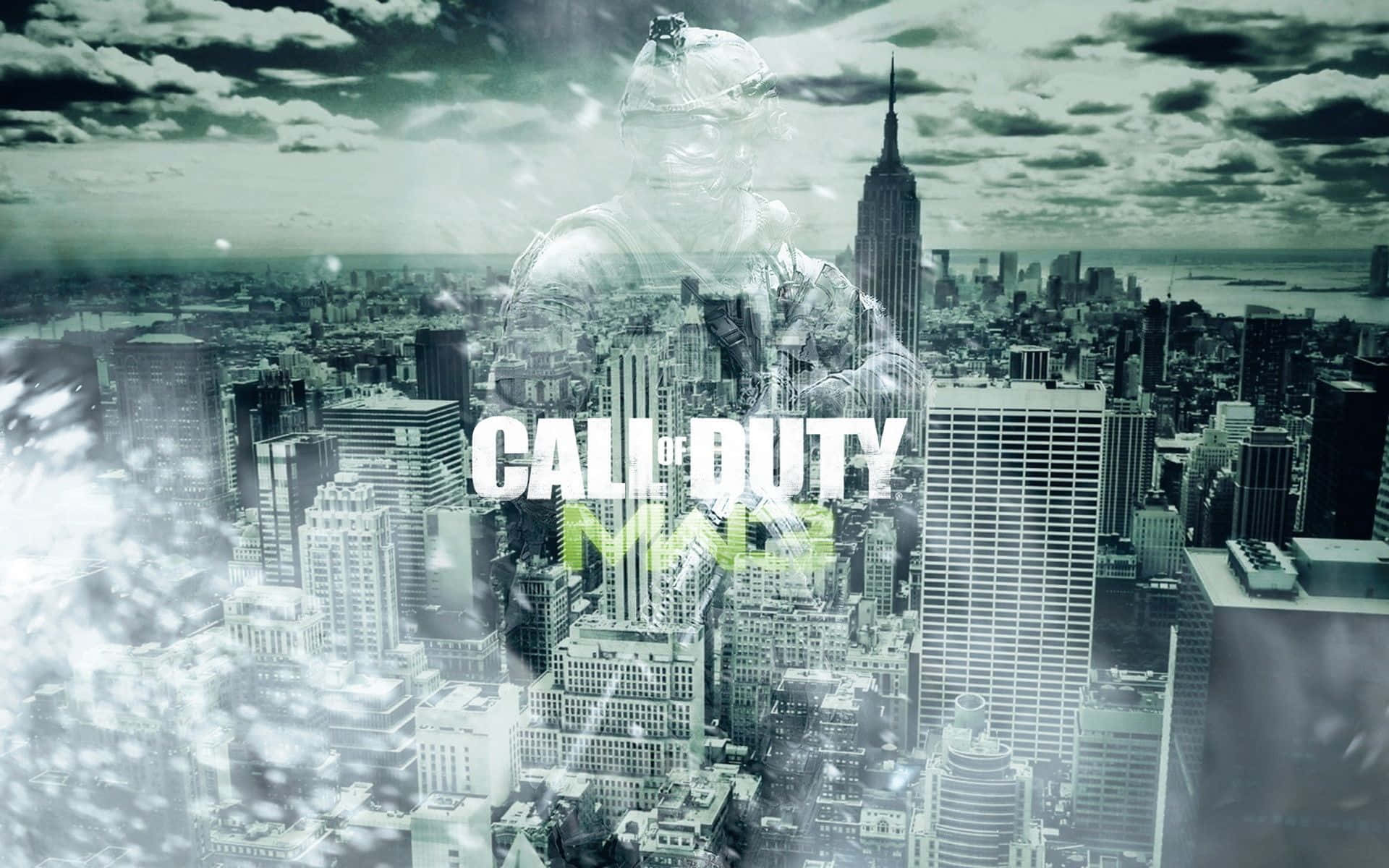 鬼魂般的士兵形象在紐約城市景觀上方，帶有Call of Duty MW2標誌。