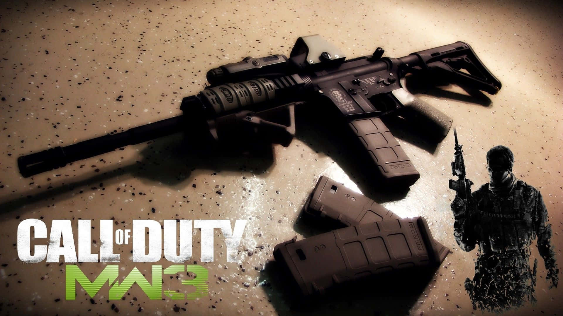 Call of Duty MW3 遊戲標誌，步槍和士兵剪影在粗糙的地面上。