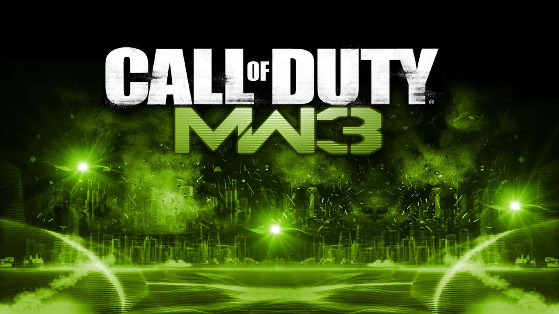 帶有霓虹綠燈光和城市戰爭背景的 Call of Duty MW3 遊戲標誌。