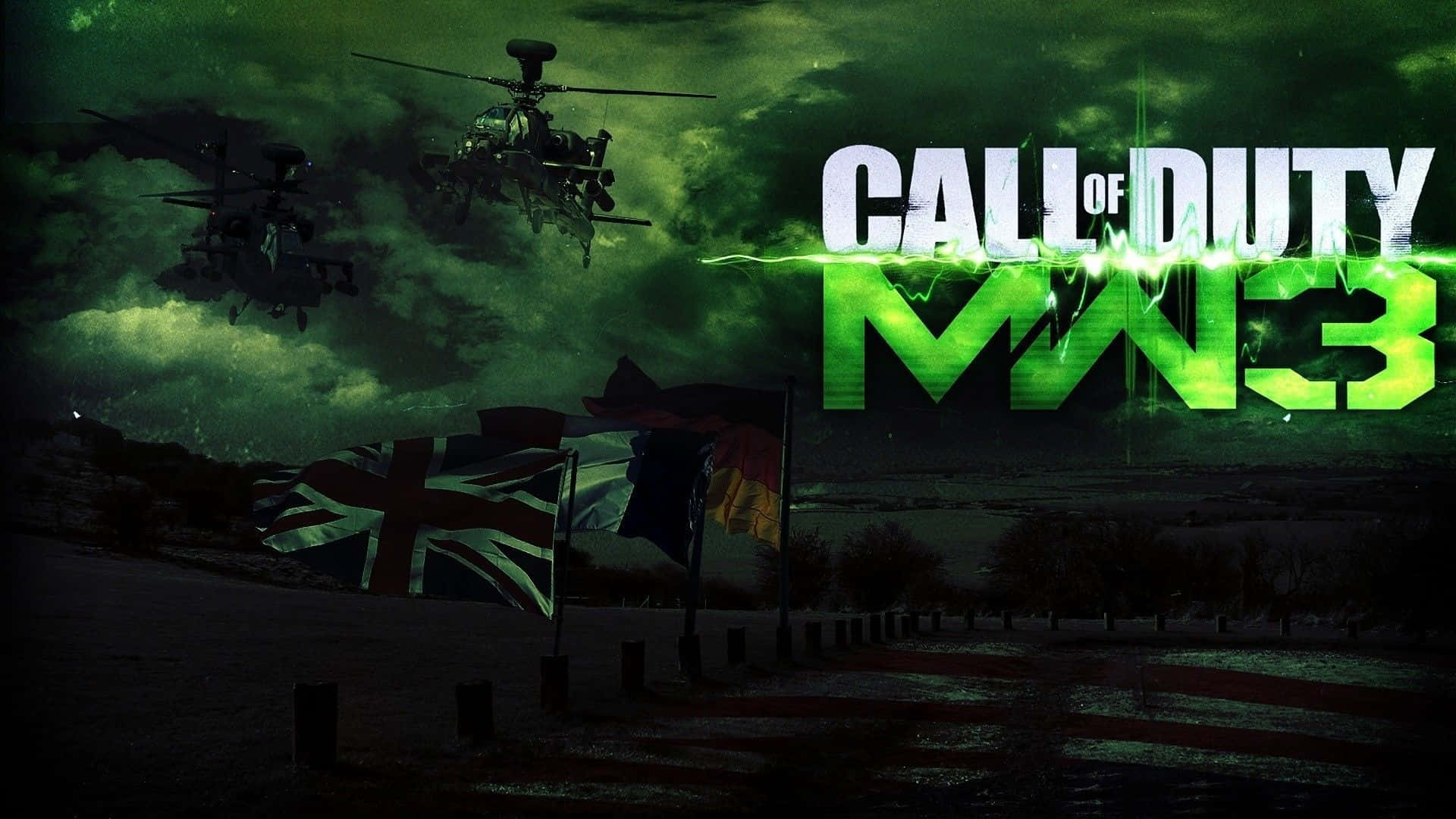 戰場場景，直升機在綠色光芒下飛越旗幟，帶有 Call of Duty MW3 標誌。