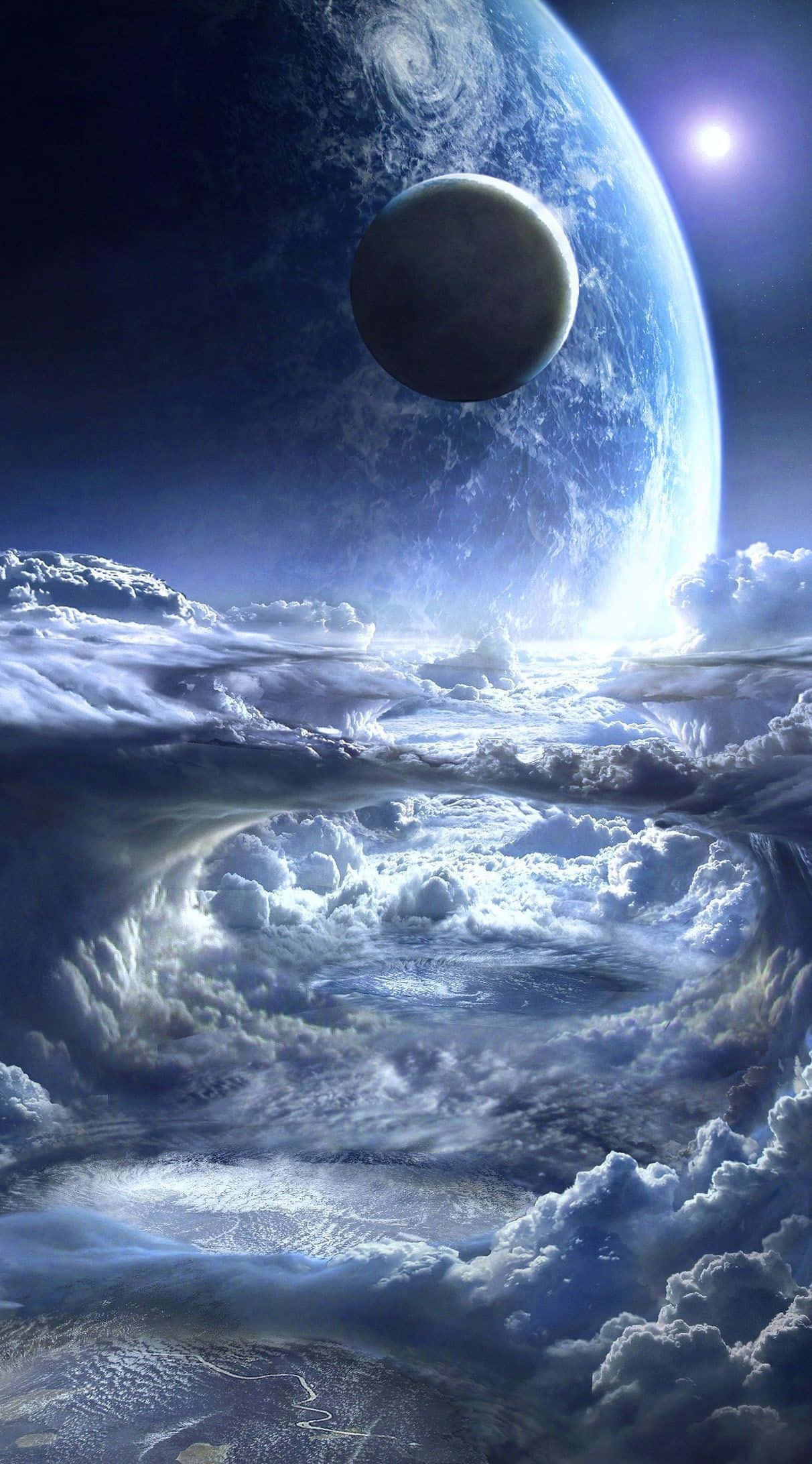 現代手機顯示抽象色彩爆發 壁紙 — 一個超現實的宇宙場景，藍色行星和月亮漂浮在旋轉的雲層之上，下方是明亮的太陽。