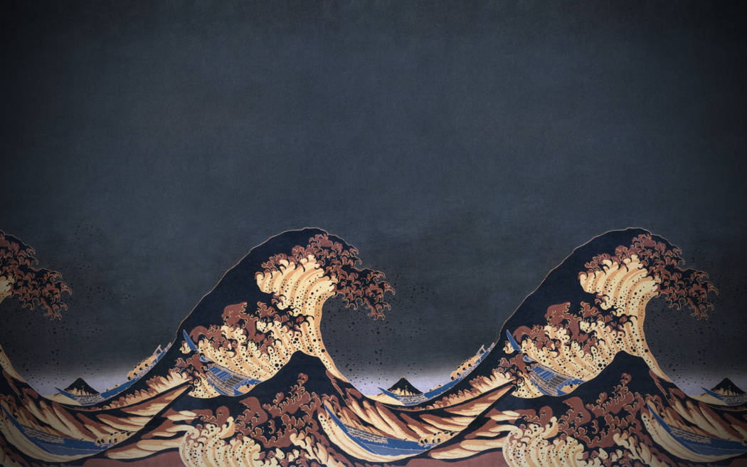 現代抽象日式海浪 壁紙 — 一幅戲劇性的浮世繪風格海浪插圖，以深藍色和米色色調襯托黑暗的天空。