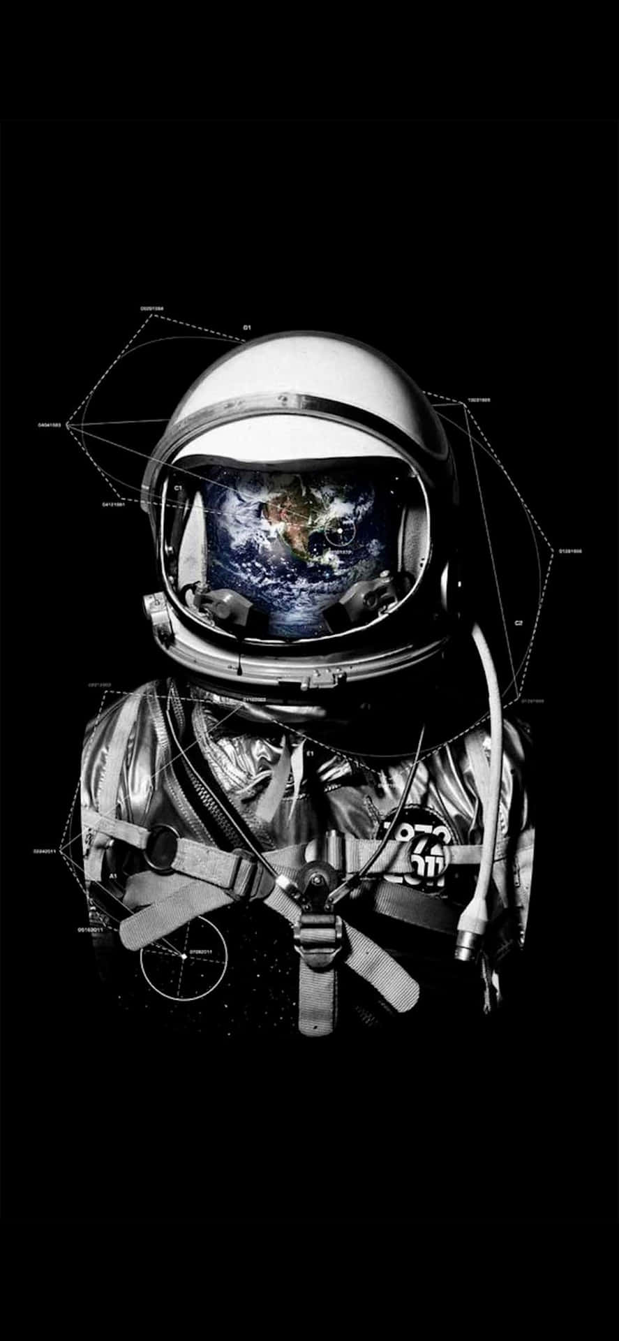太空人頭盔在黑色背景上以幾何線條反射地球。
