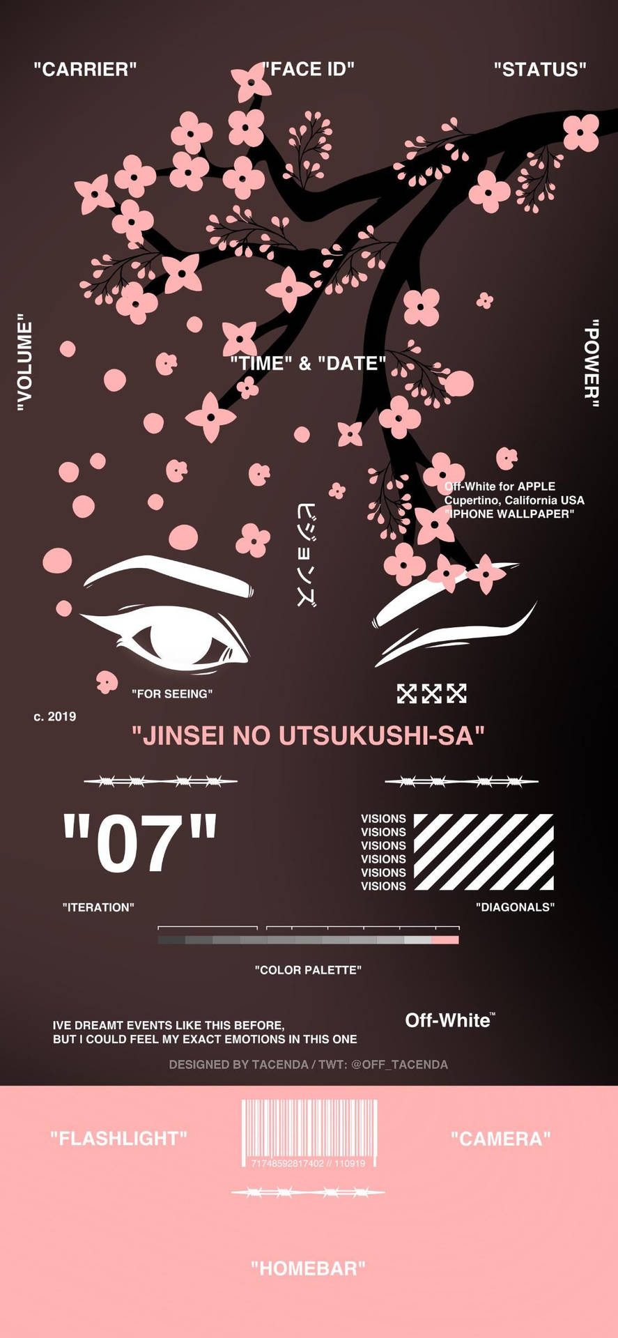櫻花和眼睛的數位藝術，帶有iPhone界面元素和日文字。